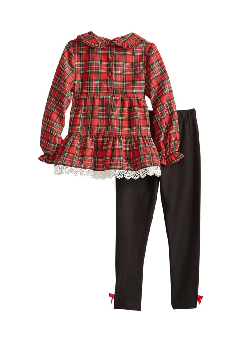 Girls 4-6x Plaid Printed Twill Crochet Top and Leggings Set