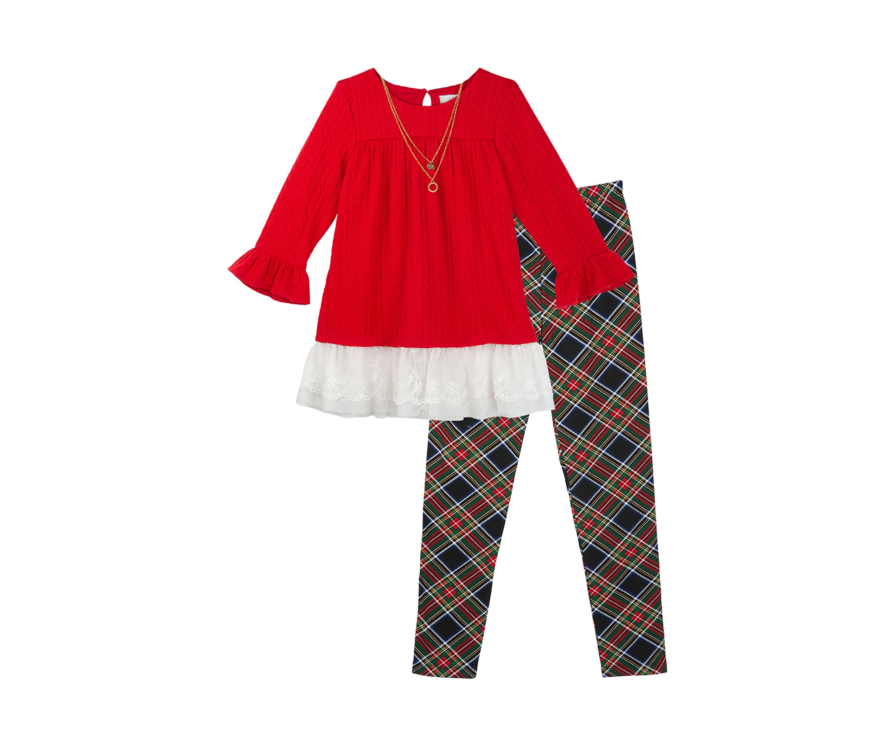 Girls 4-6x Ruffle Crochet Knit Top and Plaid Leggings Set