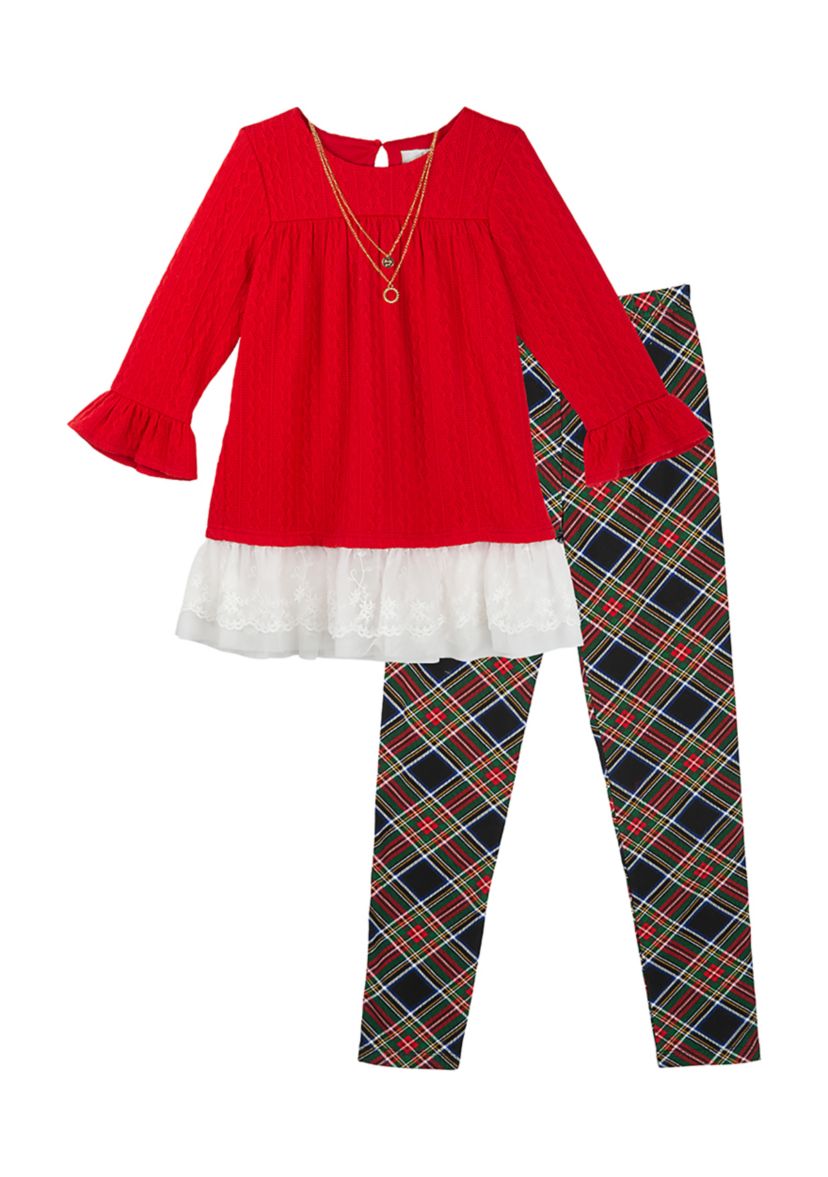 Girls 4-6x Ruffle Crochet Knit Top and Plaid Leggings Set