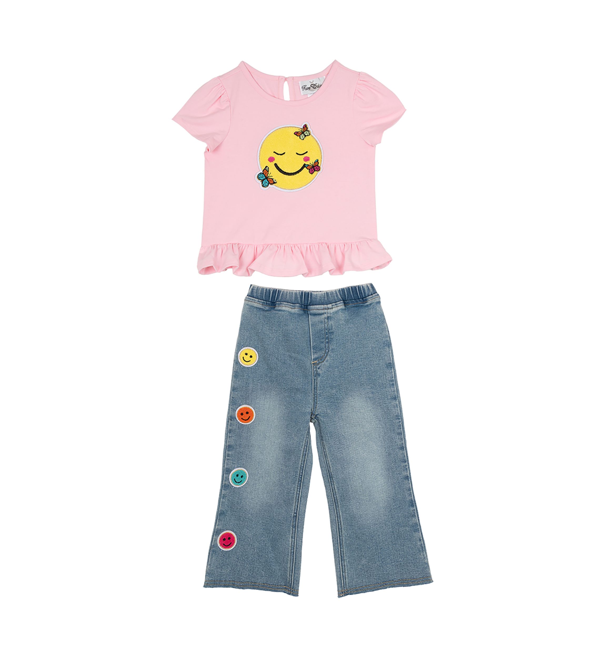 Girls 4-6x Knit Smiley Graphic Appliqué Top with Denim Pants Set