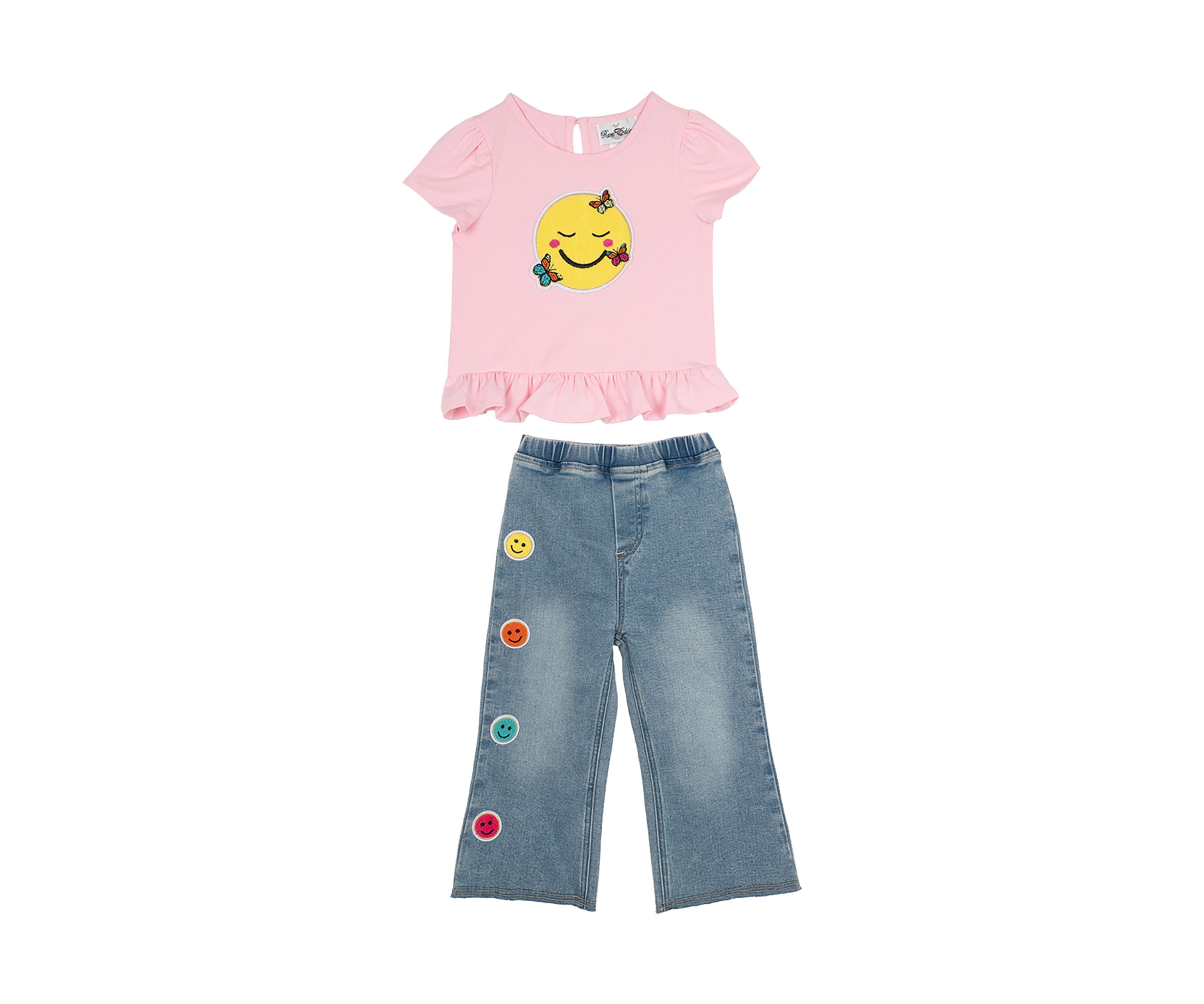 Girls 4-6x Knit Smiley Graphic Appliqué Top with Denim Pants Set