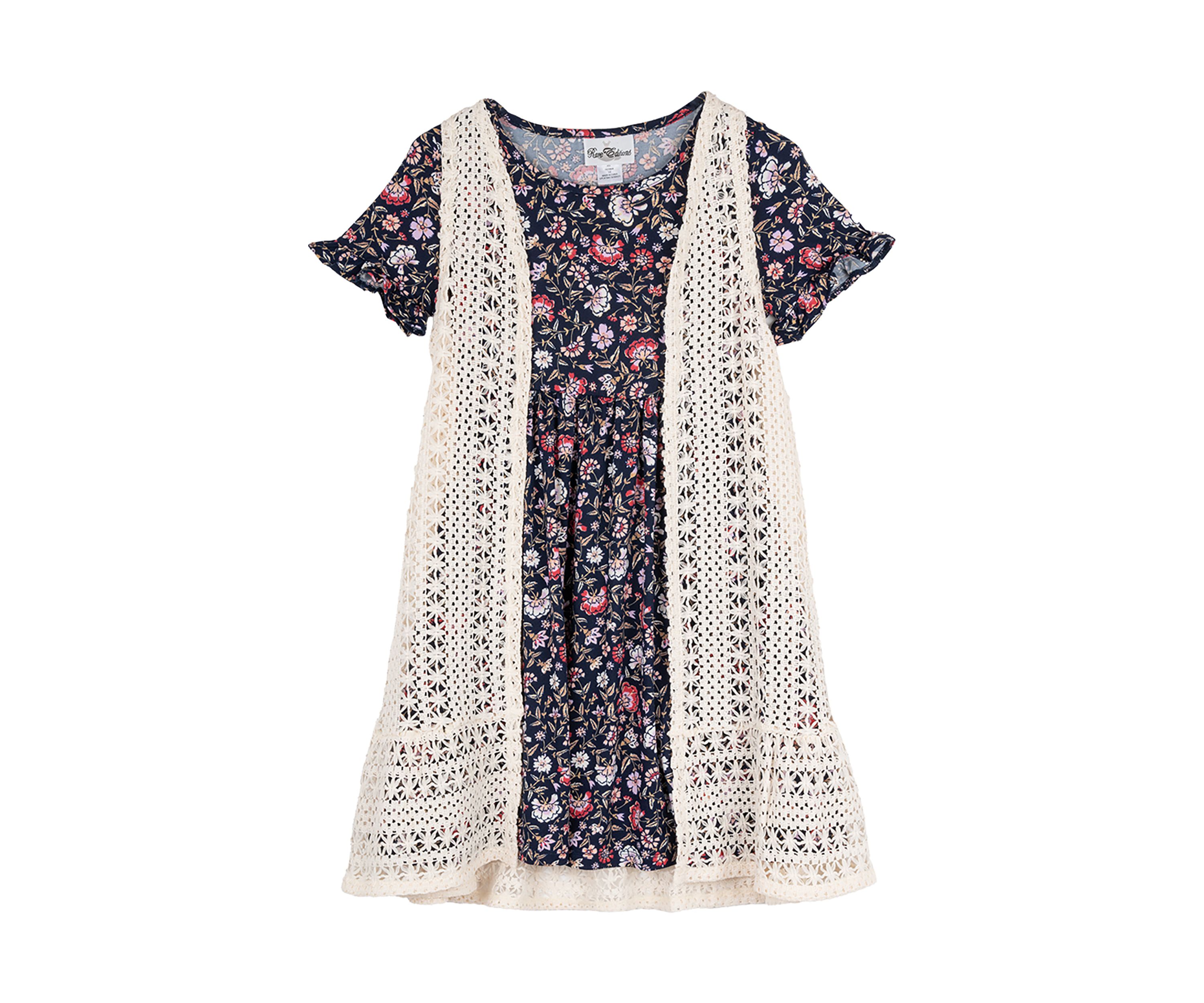 Girls 4-6x Embroidered Crochet Knit Dress and Floral Printed Dress Set