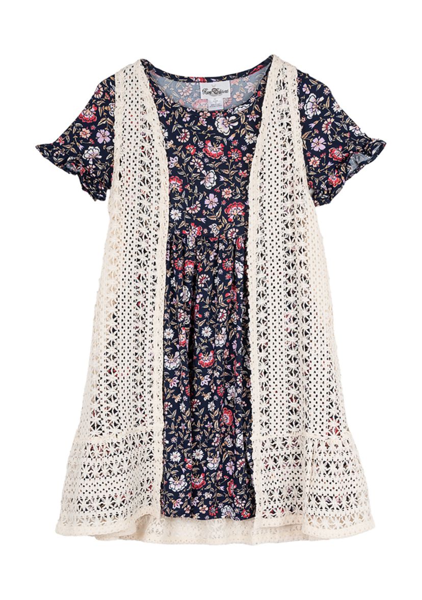 Girls 4-6x Embroidered Crochet Knit Dress and Floral Printed Dress Set