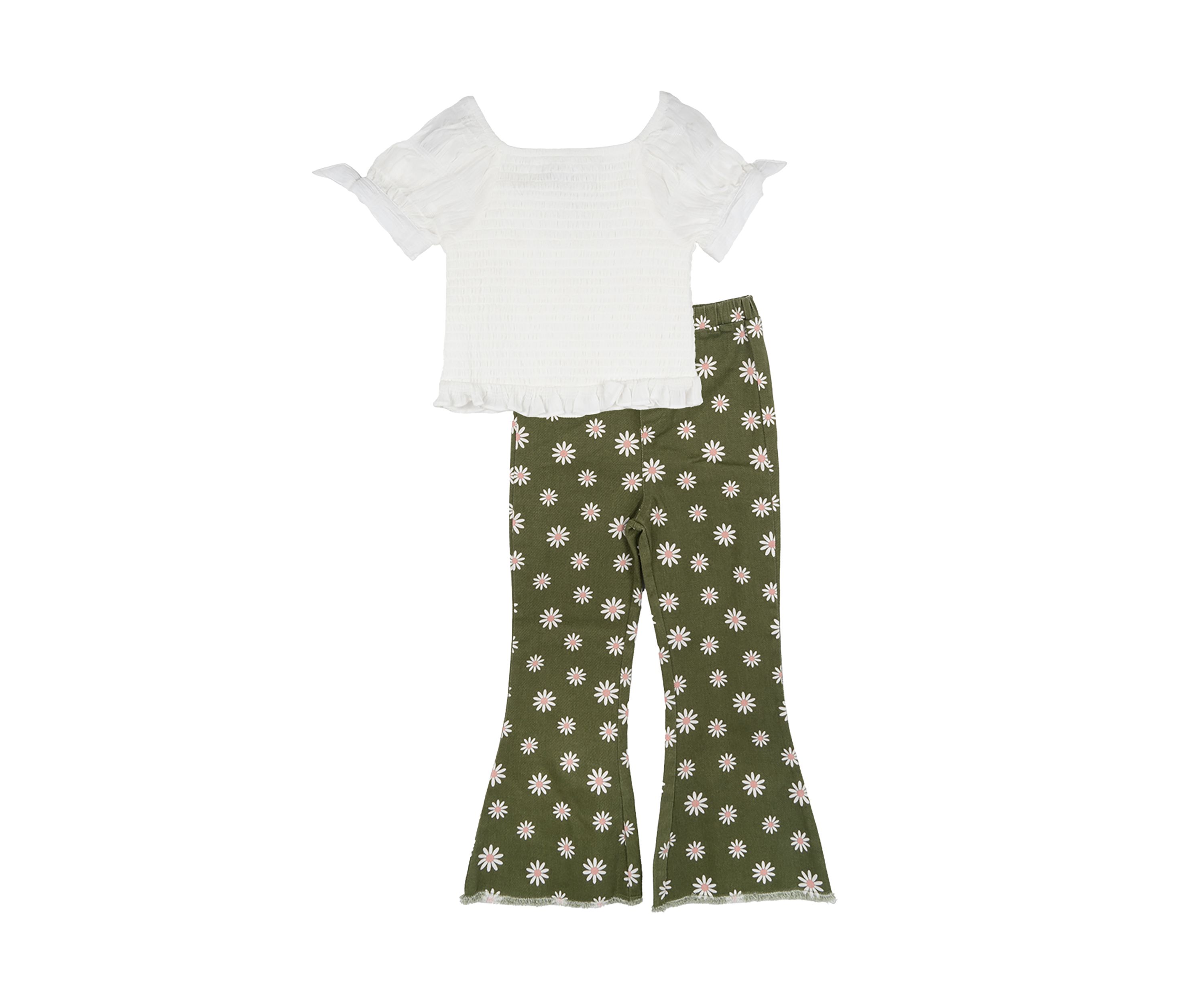 Girls 4-6x Ribbed Knit Puff Sleeve Top and Printed Pants Set