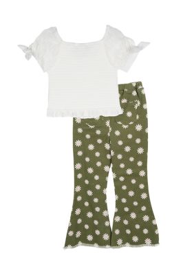 Girls 4-6x Ribbed Knit Puff Sleeve Top and Printed Pants Set