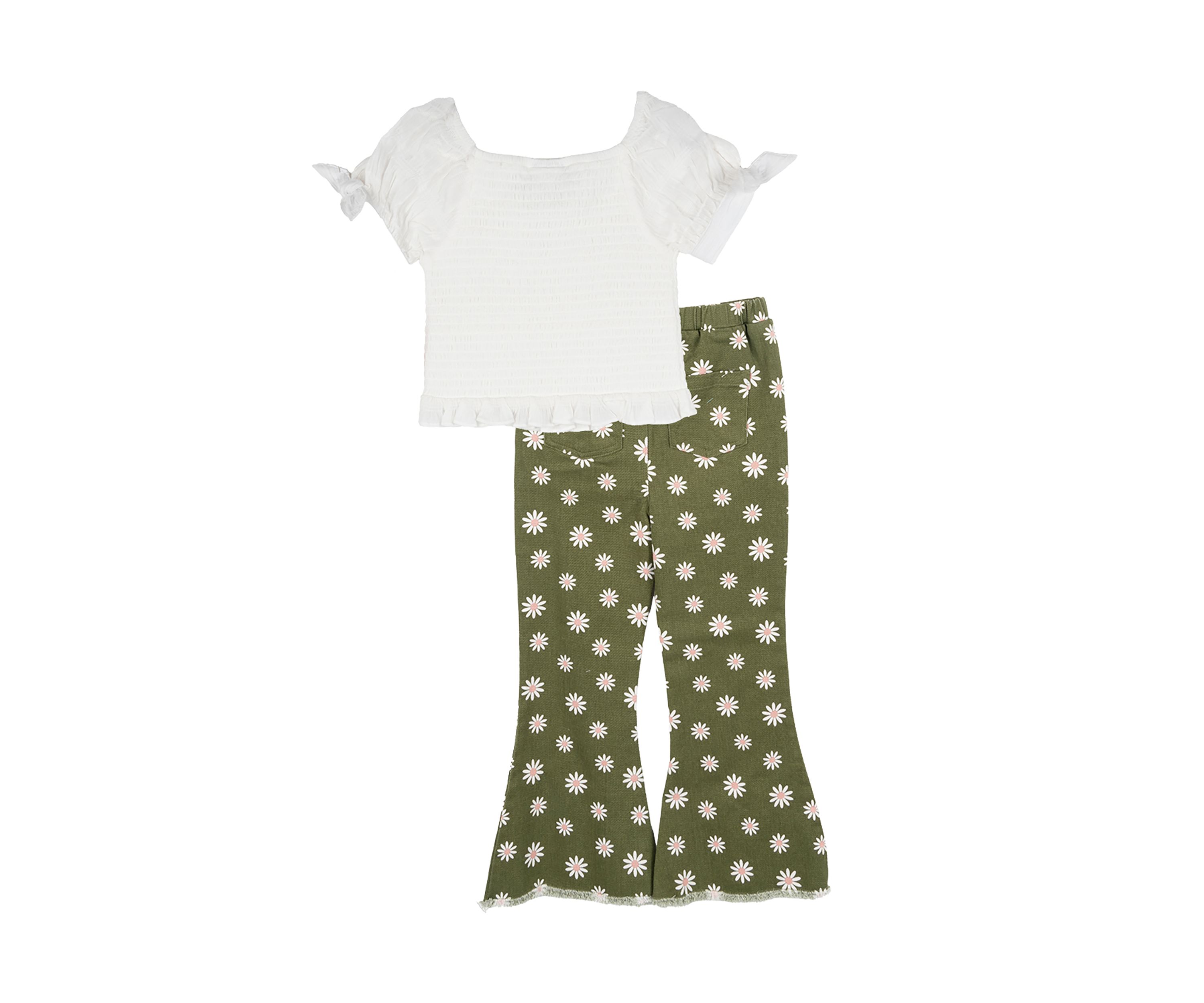 Girls 4-6x Ribbed Knit Puff Sleeve Top and Printed Pants Set