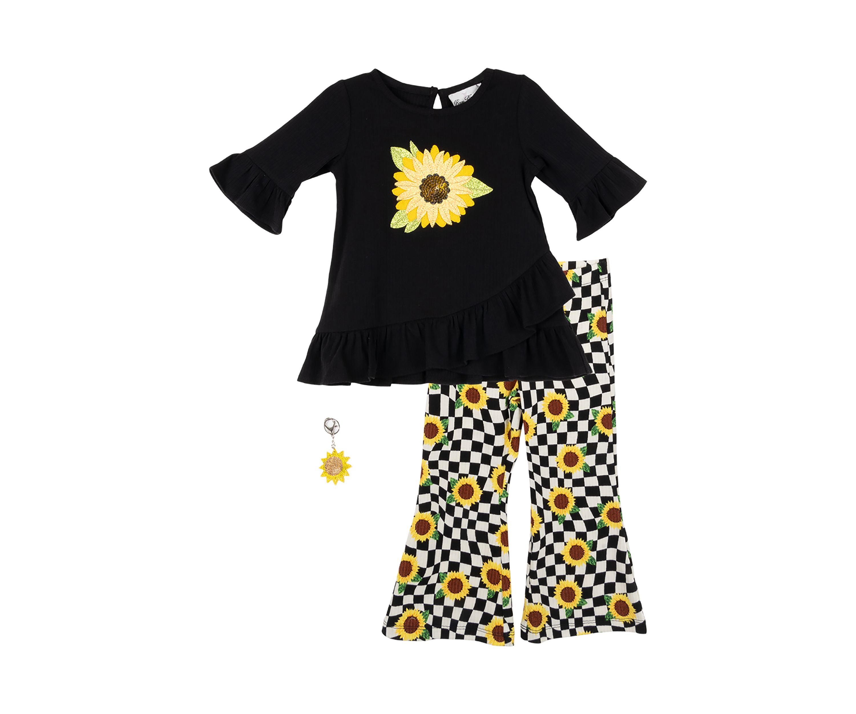 Girls 4-6x Black Ribbed Sunflower Graphic Top and Pants Set with Keychain