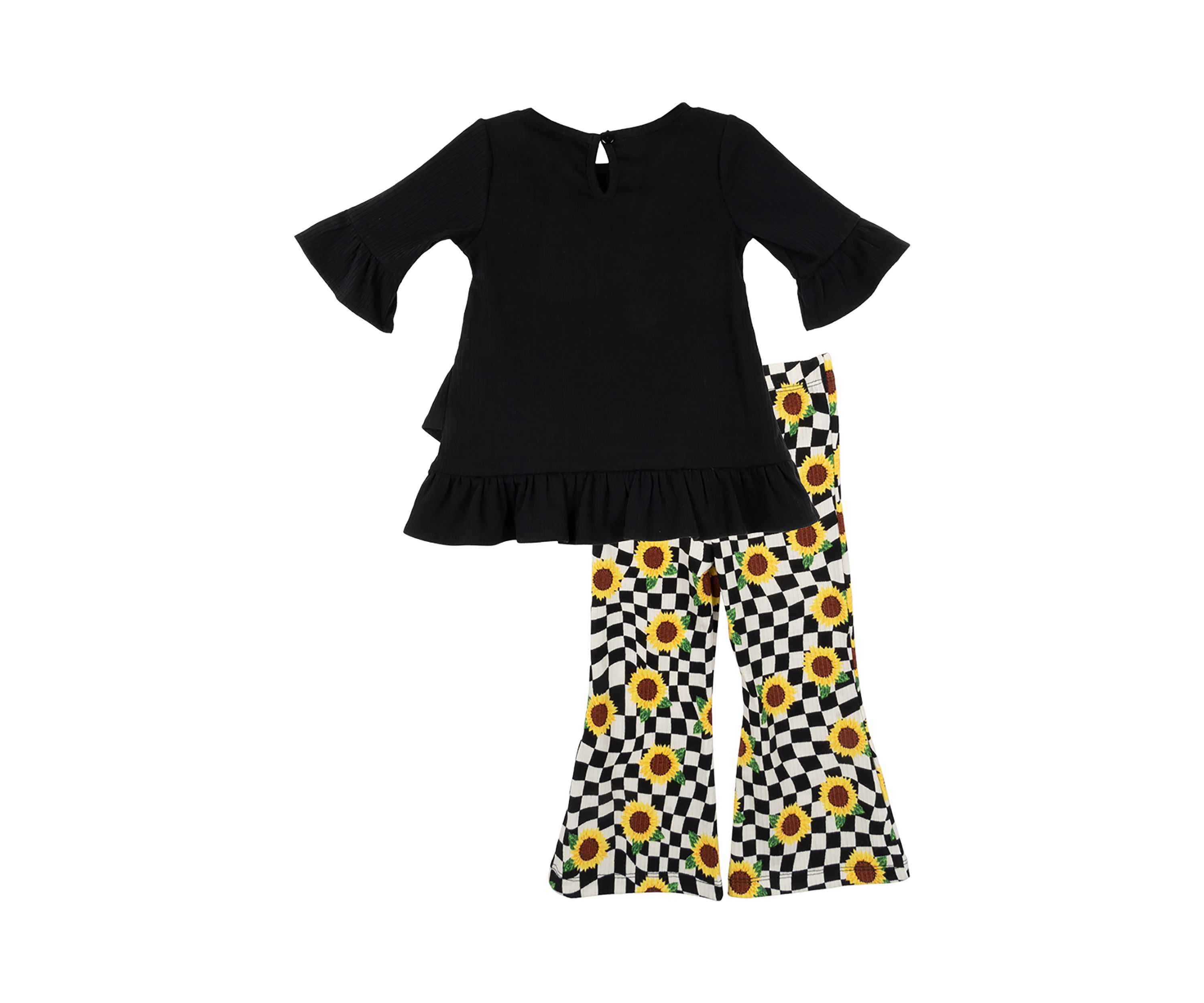 Girls 4-6x Black Ribbed Sunflower Graphic Top and Pants Set with Keychain