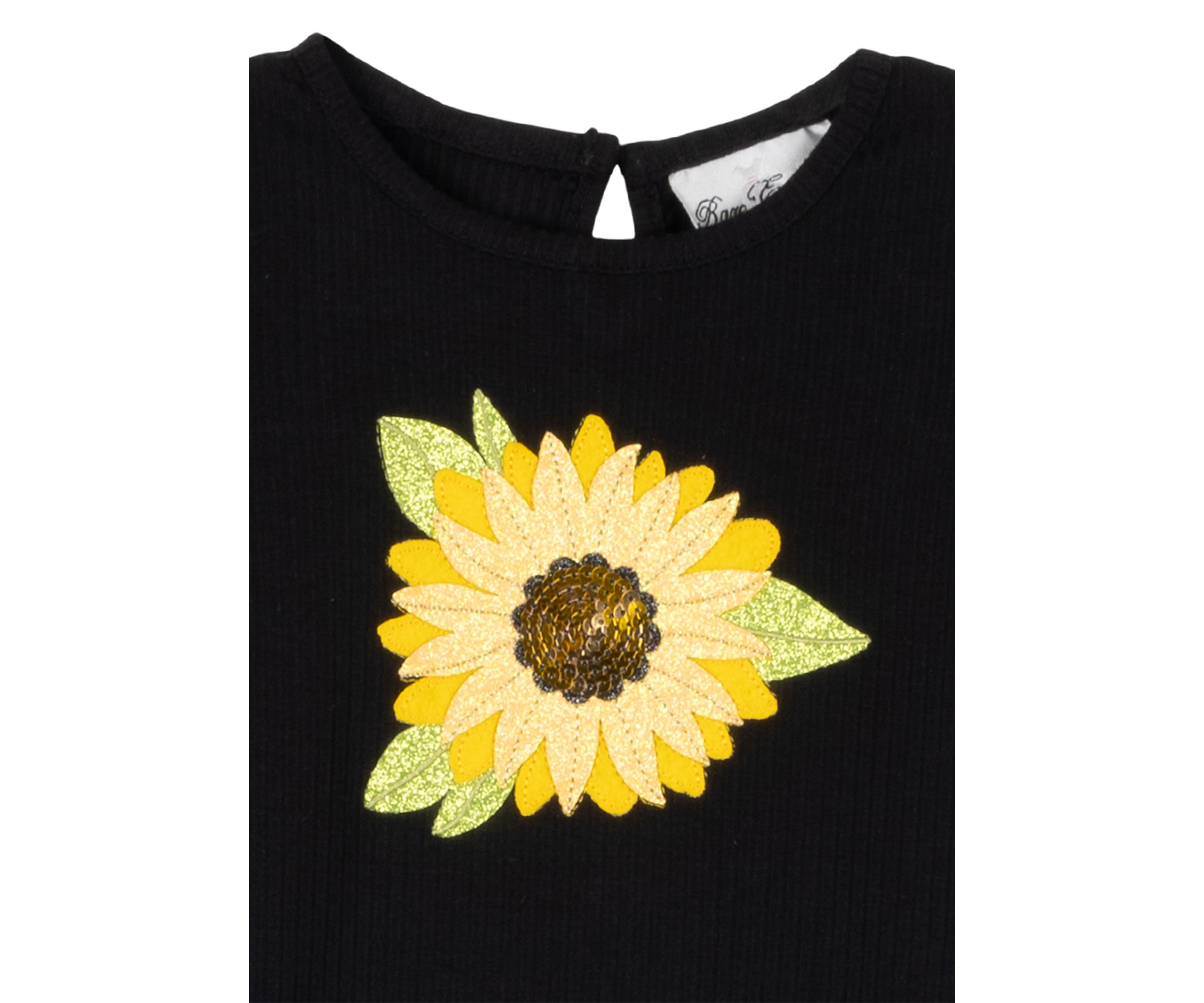 Girls 4-6x Black Ribbed Sunflower Graphic Top and Pants Set with Keychain
