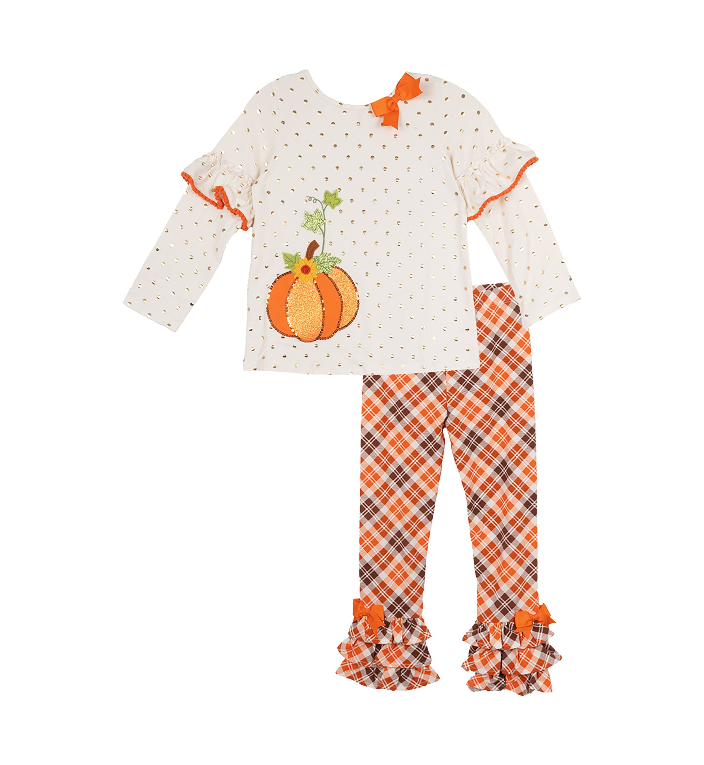 Girls 4-6x Pumpkin Appliqué Ivory Foil Dot Top and Printed Leggings Set