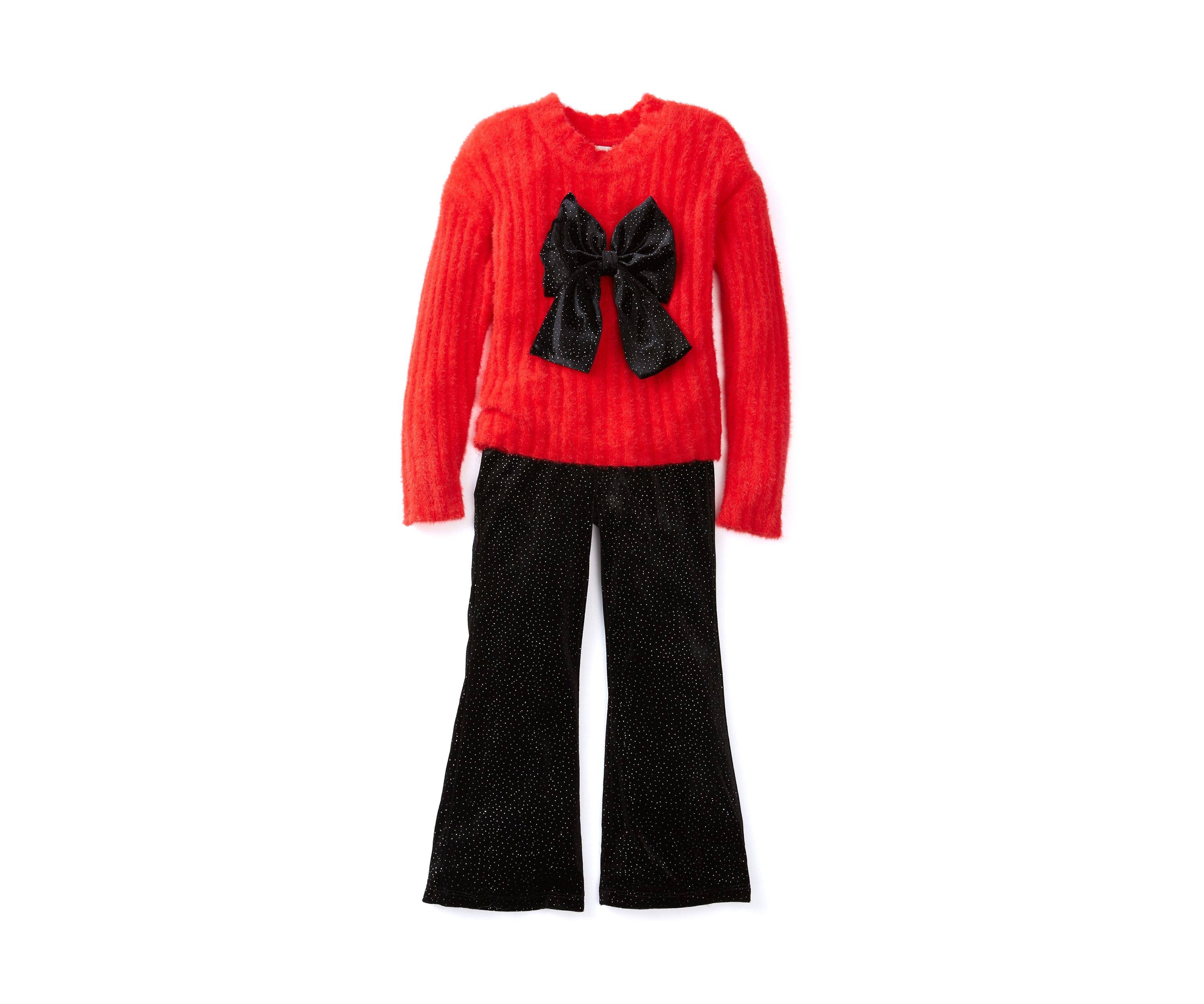 Girls 4-6x Fuzzy Sweater with Velour Bow and Leggings Set