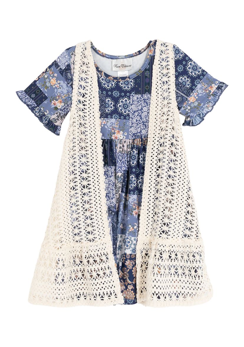 Girls 4-6x Cardigan Patchwork Printed Dress Set