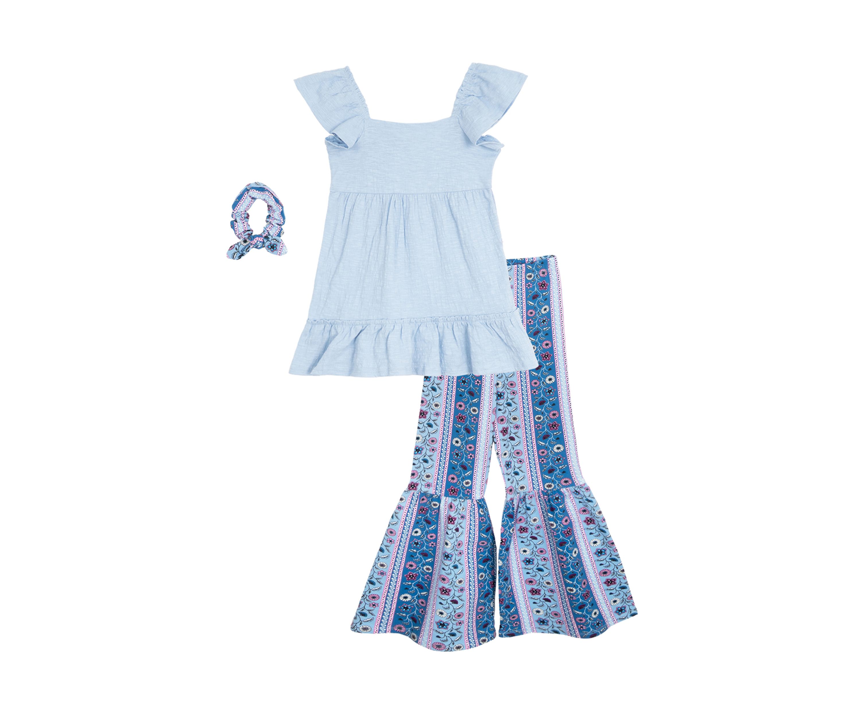 Girls 4-6x Bohemian Top and Printed Pants Set with Scrunchie