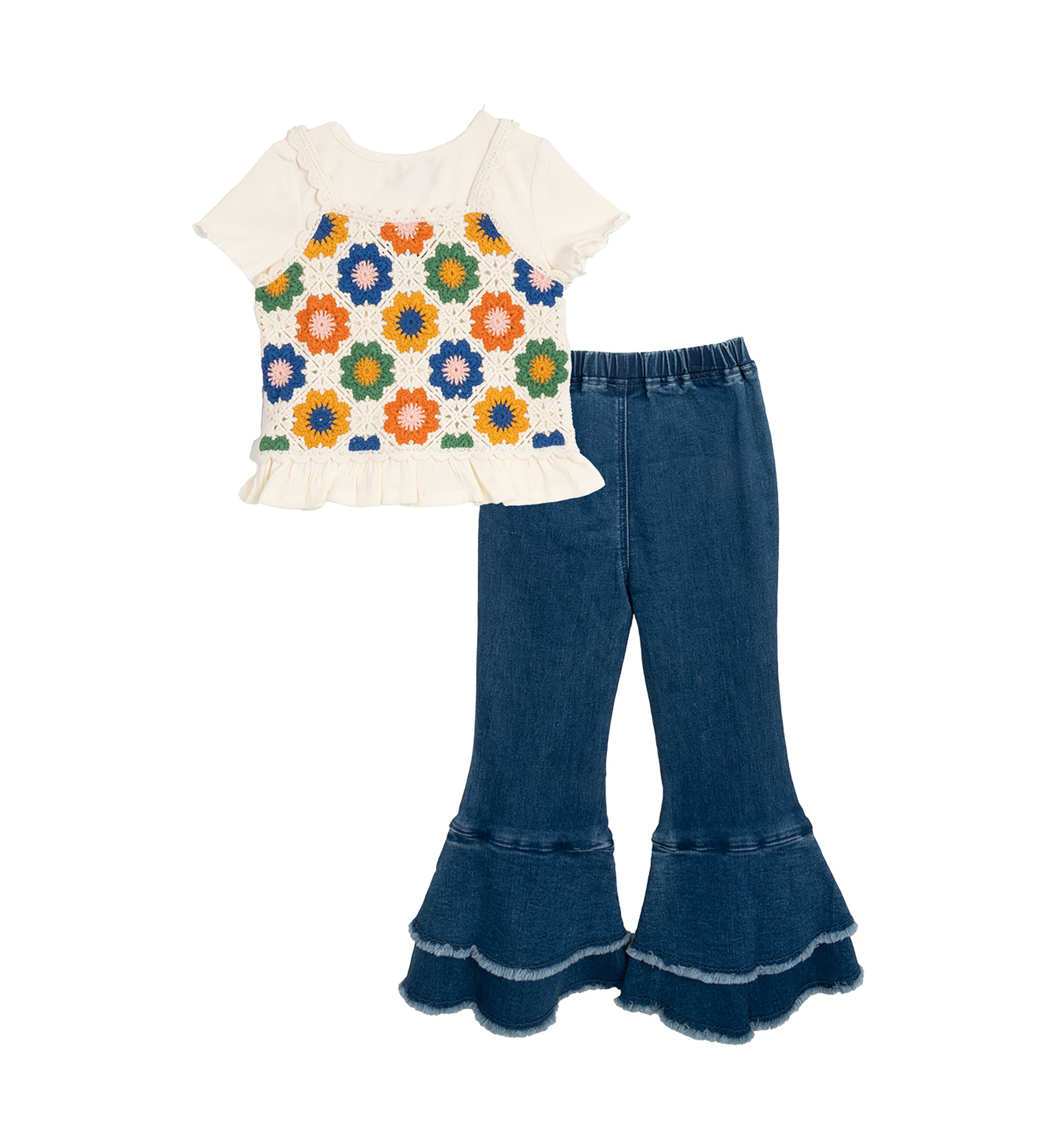 Girls 4-6x Crochet Knit T-Shirt and Flared Pants Set