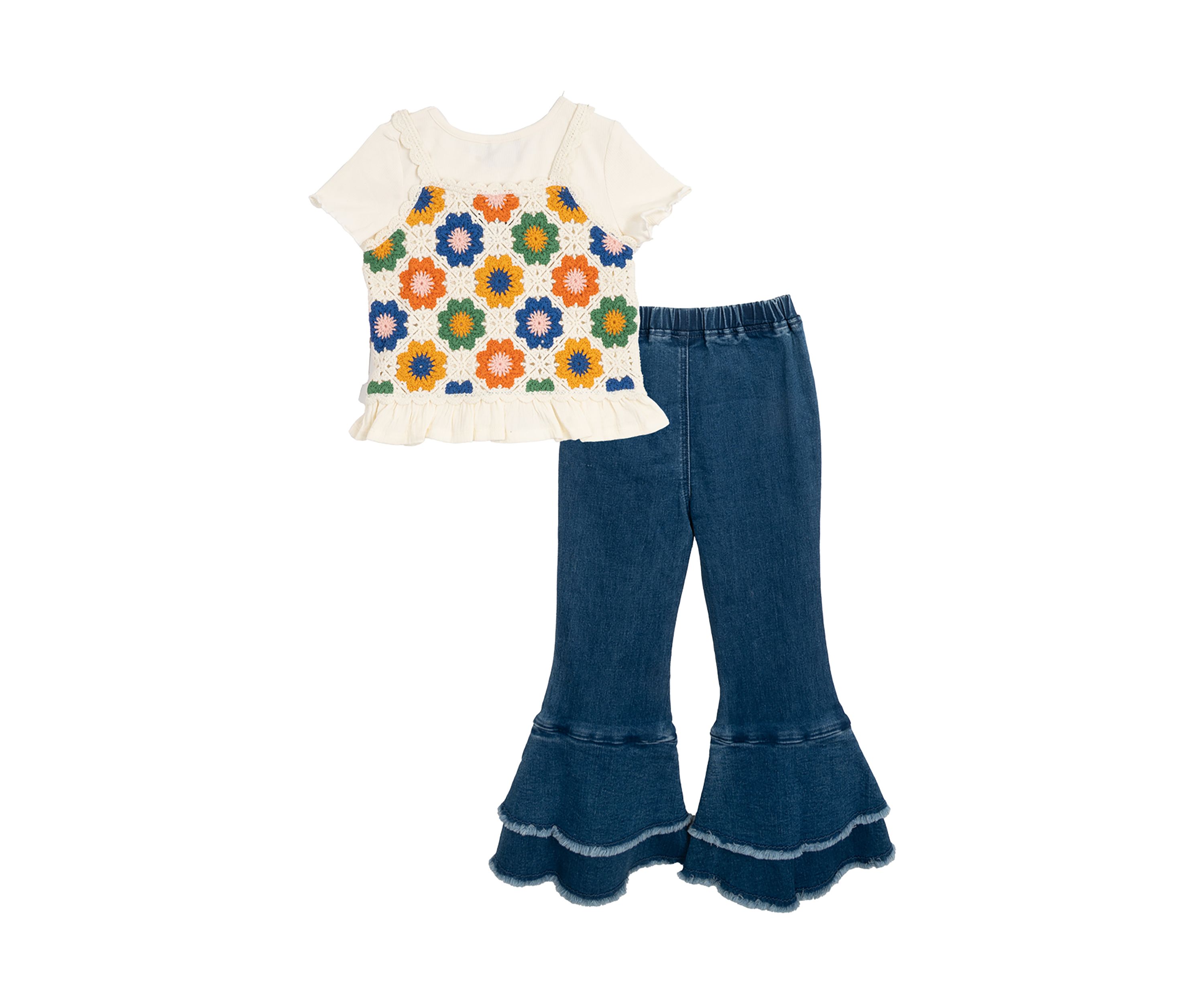 Girls 4-6x Crochet Knit T-Shirt and Flared Pants Set