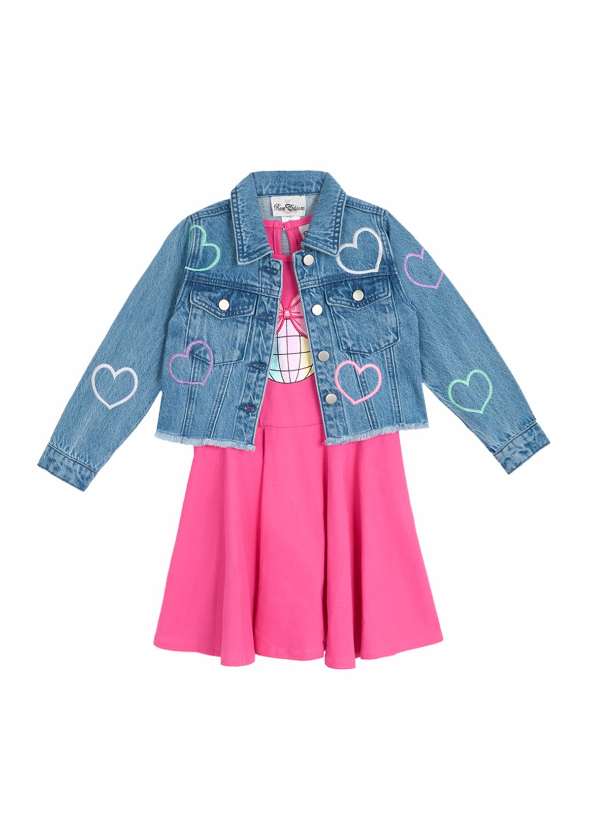 Girls 4-6x Denim Heart Printed Jacket and Tiered Dress Set