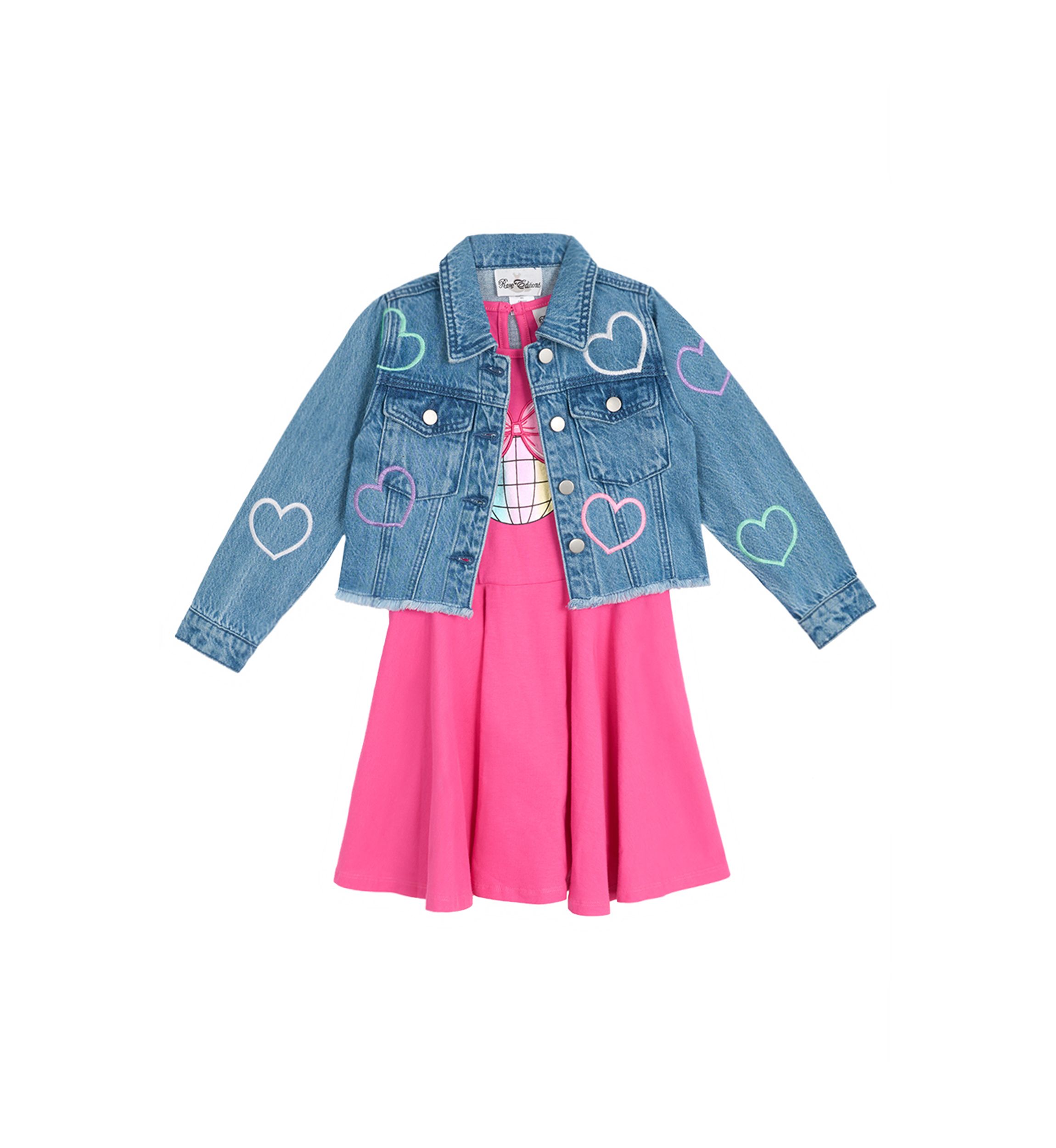 Girls 4-6x Denim Heart Printed Jacket and Tiered Dress Set
