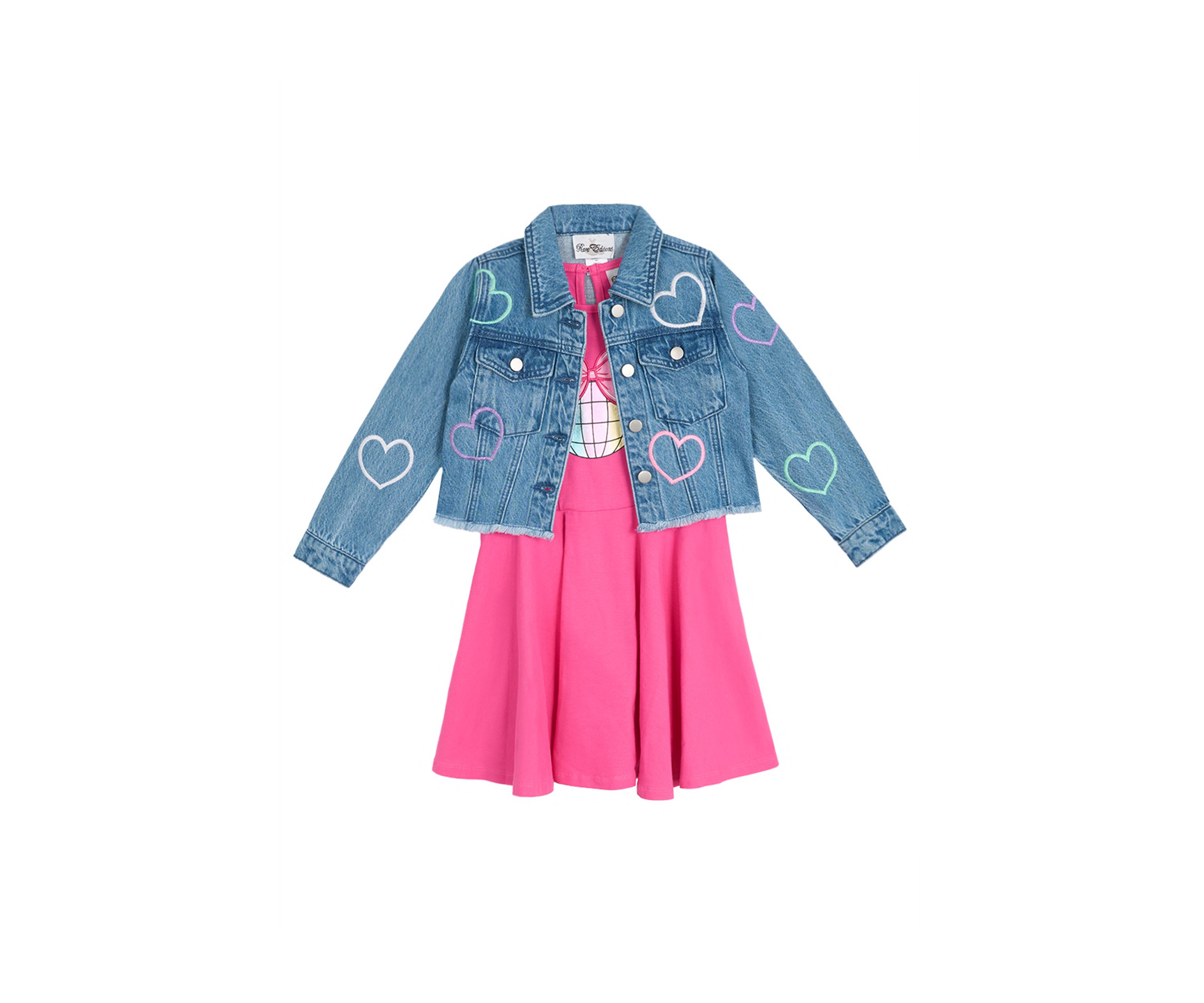 Girls 4-6x Denim Heart Printed Jacket and Tiered Dress Set