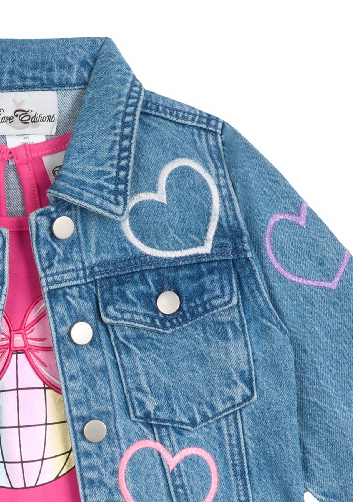 Girls 4-6x Denim Heart Printed Jacket and Tiered Dress Set