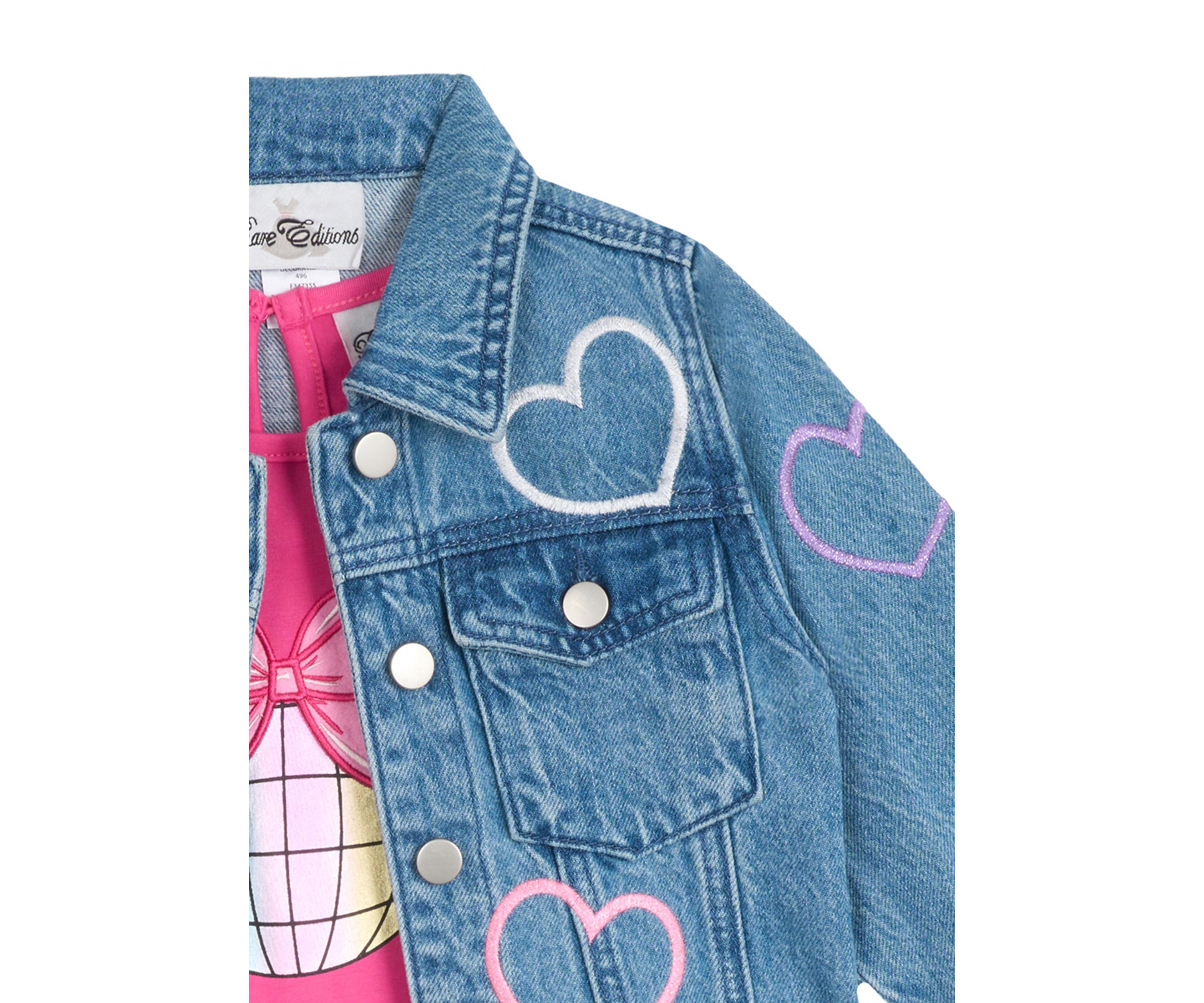 Girls 4-6x Denim Heart Printed Jacket and Tiered Dress Set