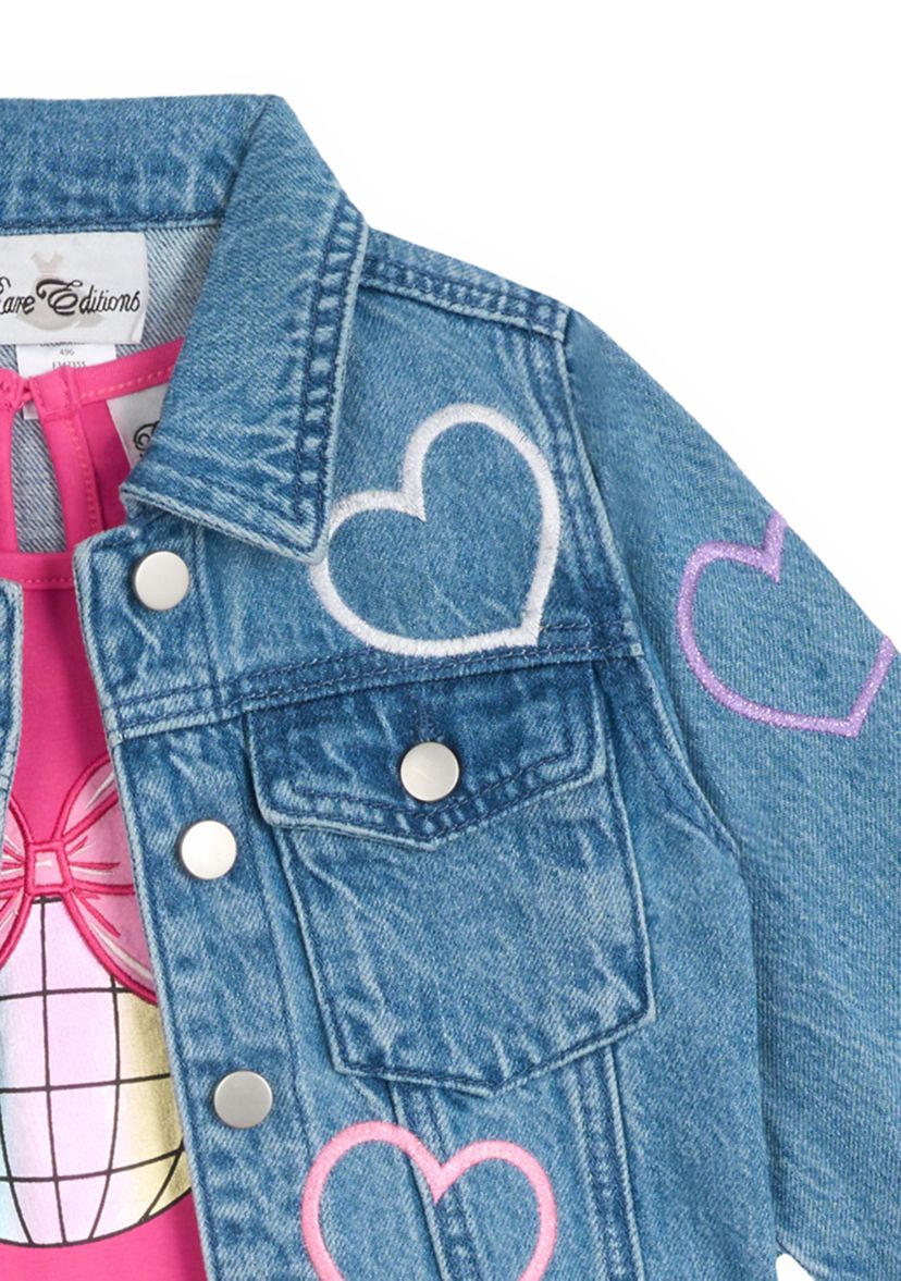 Girls 4-6x Denim Heart Printed Jacket and Tiered Dress Set