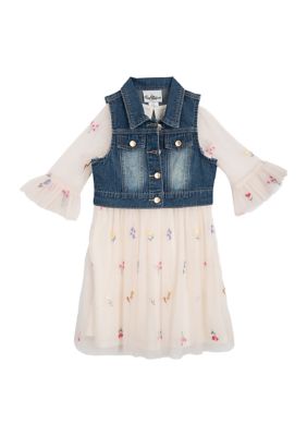 Rare Editions Girls 4-6x Denim Vest and Embroidered Floral Dress Set, Ivory
