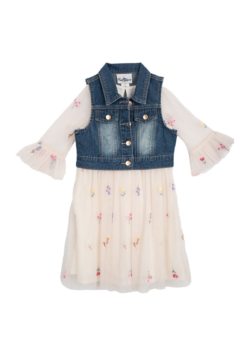 Girls 4-6x Denim Vest and Embroidered Floral Dress Set