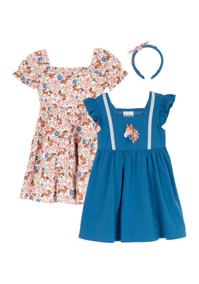 Rare Editions Girls 4-6x Horse Print Dress Set, Blue, Cotton
