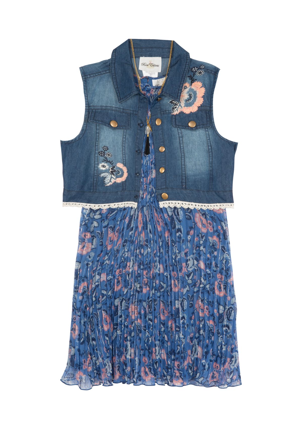 Girls 4-6x Pleated Printed Chiffon Dress and Denim Vest Set
