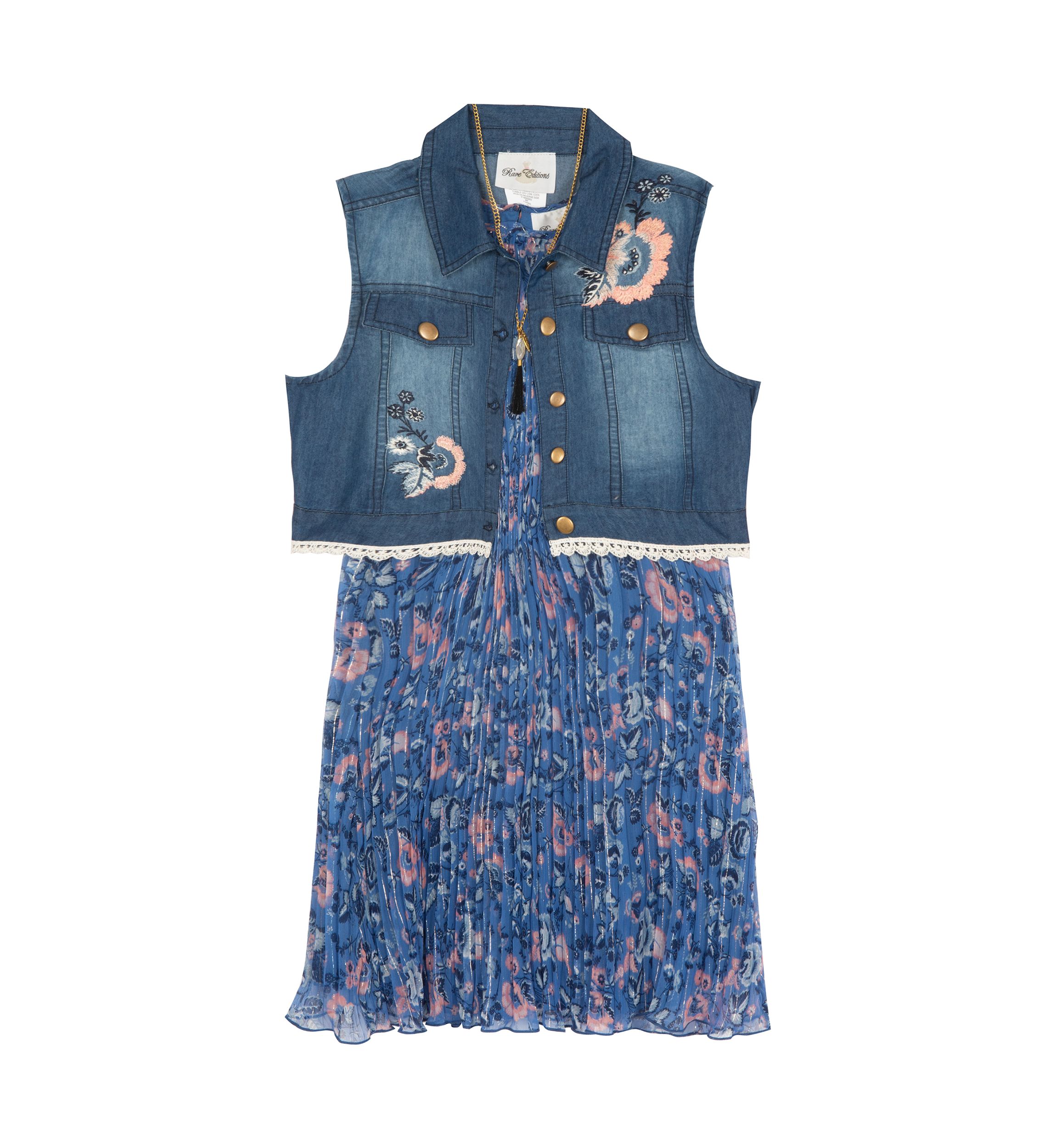 Girls 4-6x Pleated Printed Chiffon Dress and Denim Vest Set