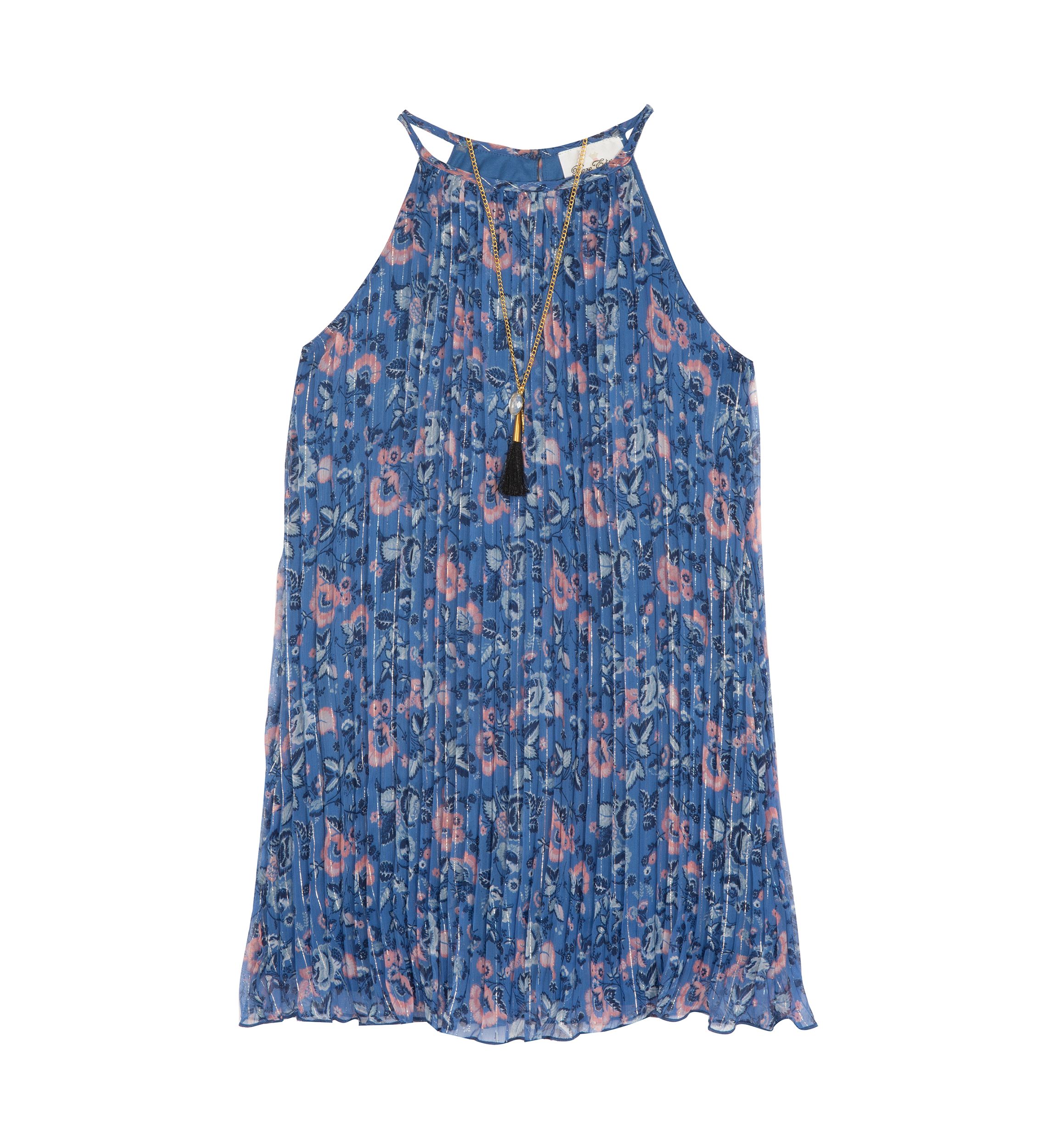 Girls 4-6x Pleated Printed Chiffon Dress and Denim Vest Set