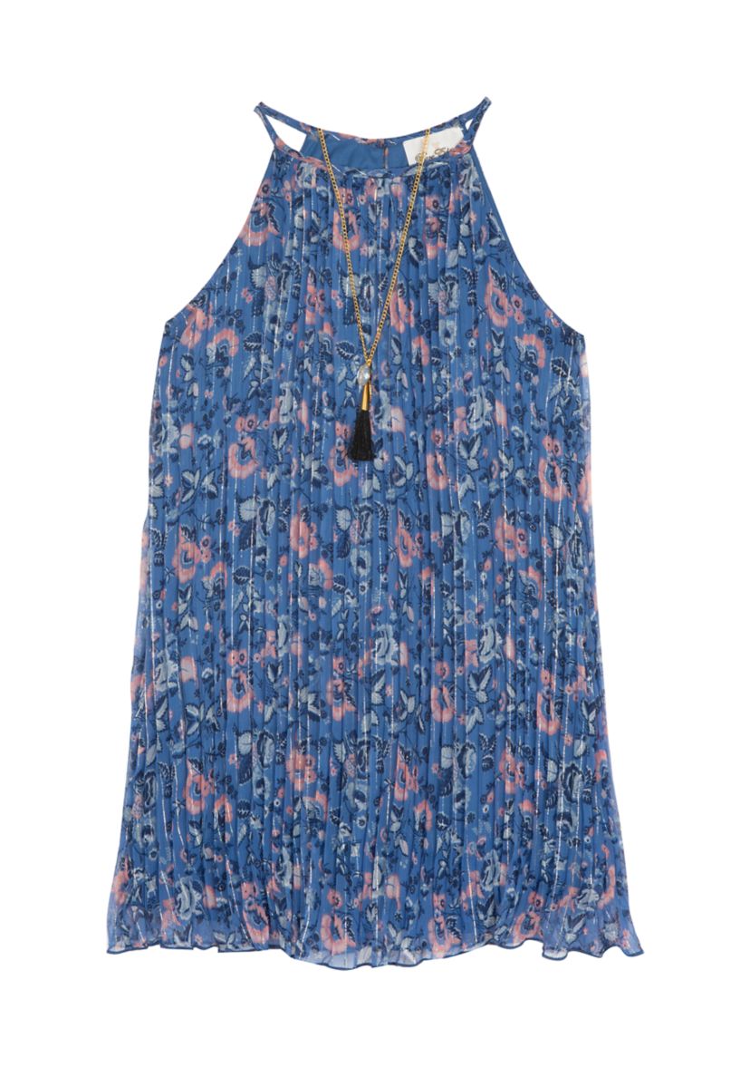 Girls 4-6x Pleated Printed Chiffon Dress and Denim Vest Set