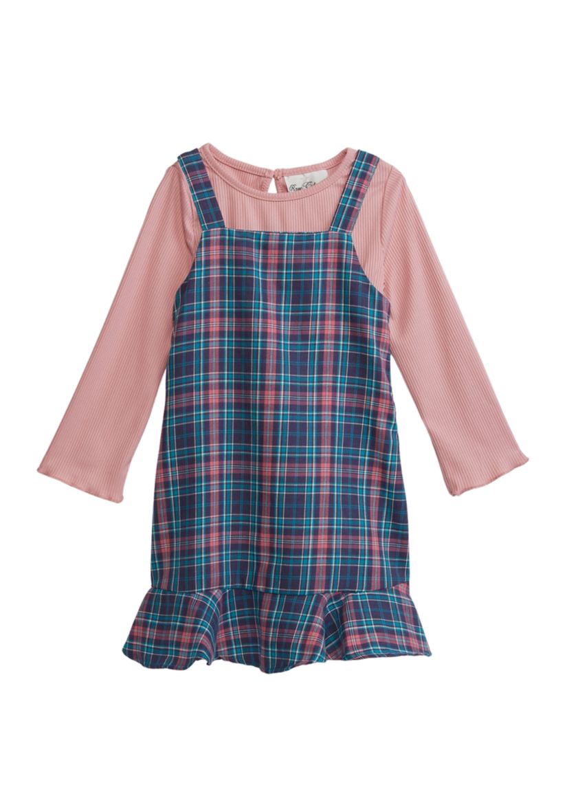 Girls 4-6x Long Sleeve Woven Plaid Ruffled Jumper