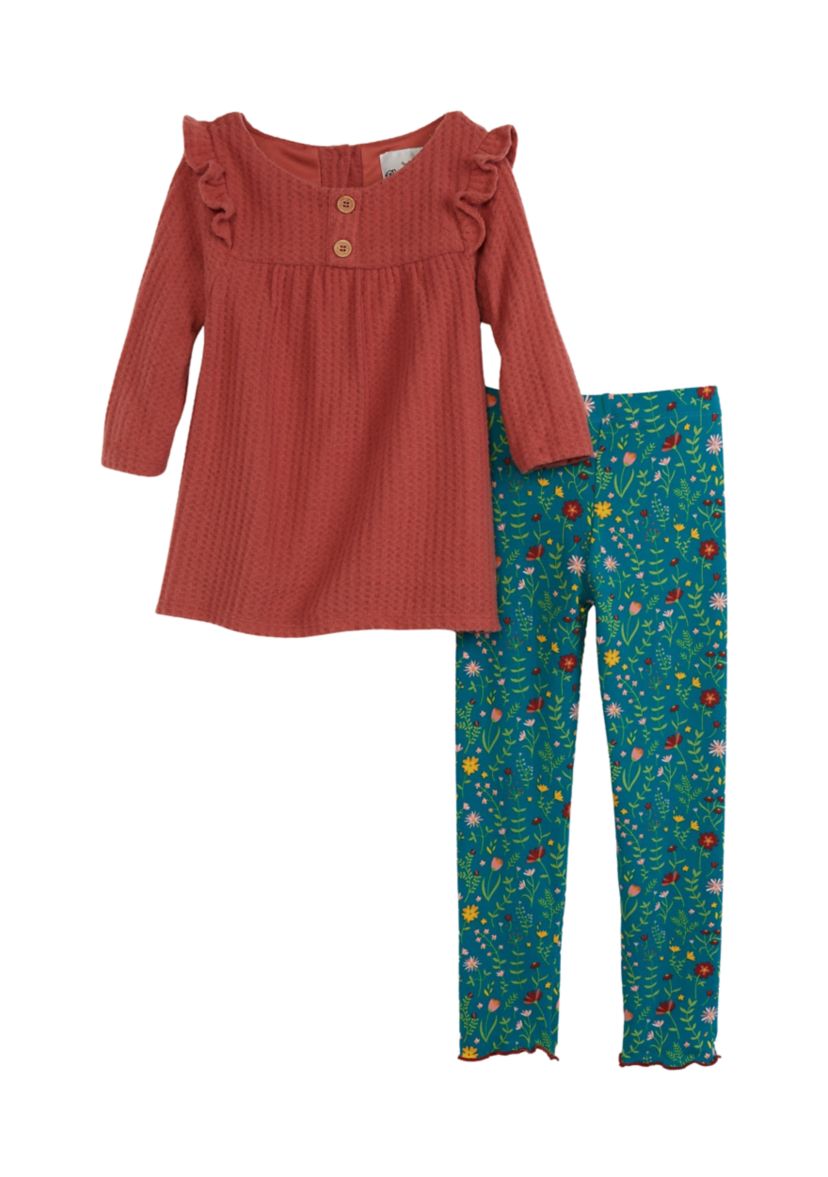 Girls 4-6x Thermal Knit Top and Printed Brush Knit Leggings Set