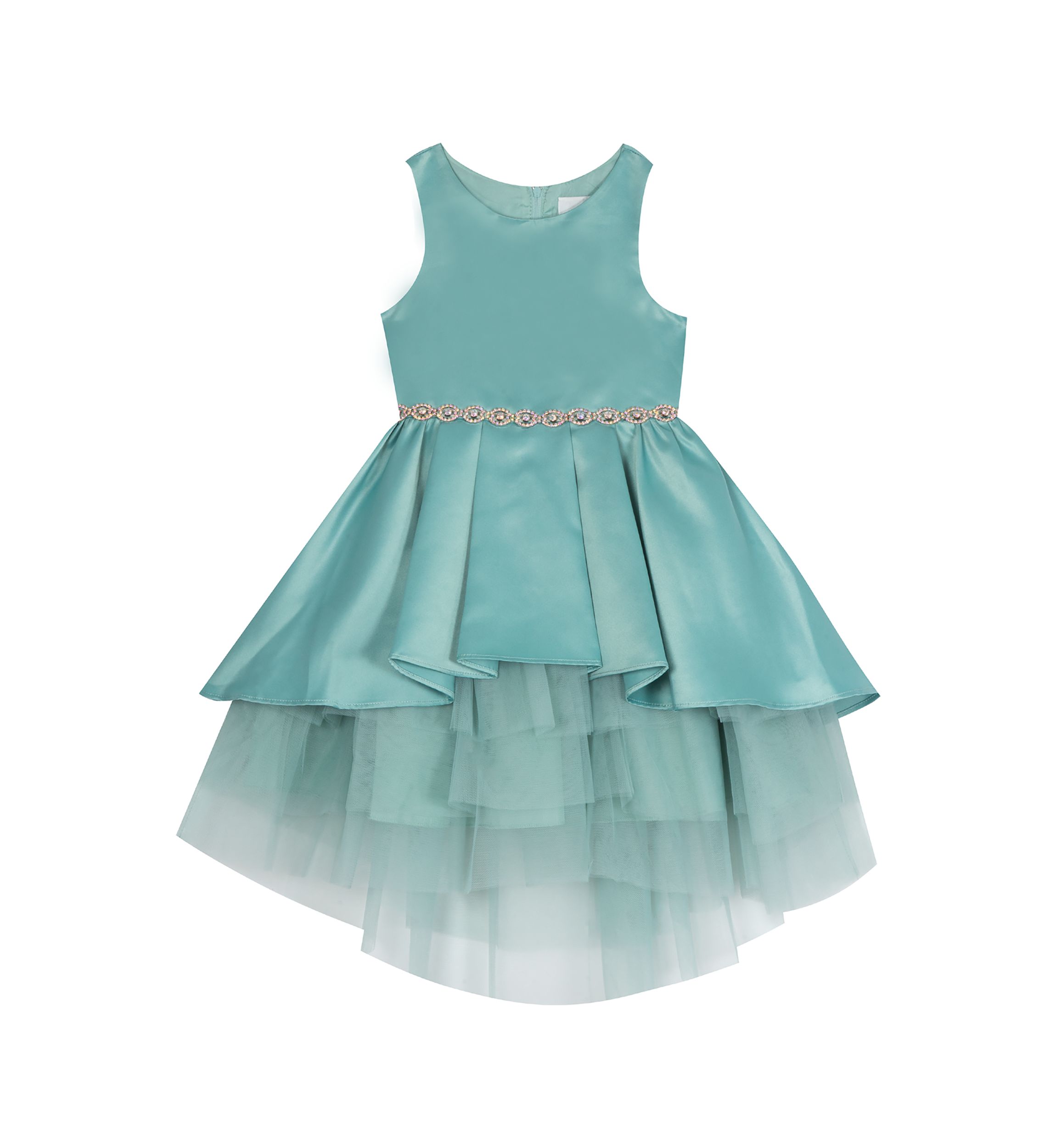 Girls 4-6x Satin Dress with High Low Tiered Ruffle Mesh Skirt