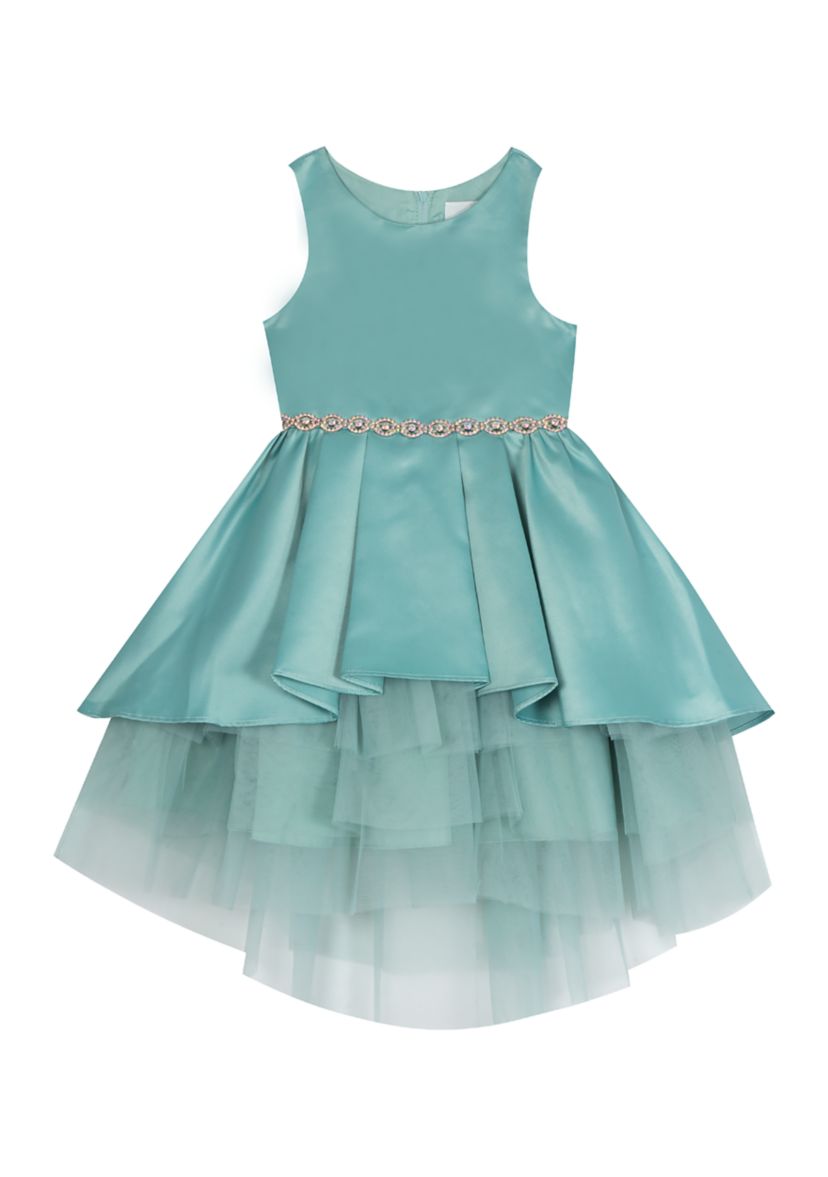 Girls 4-6x Satin Dress with High Low Tiered Ruffle Mesh Skirt