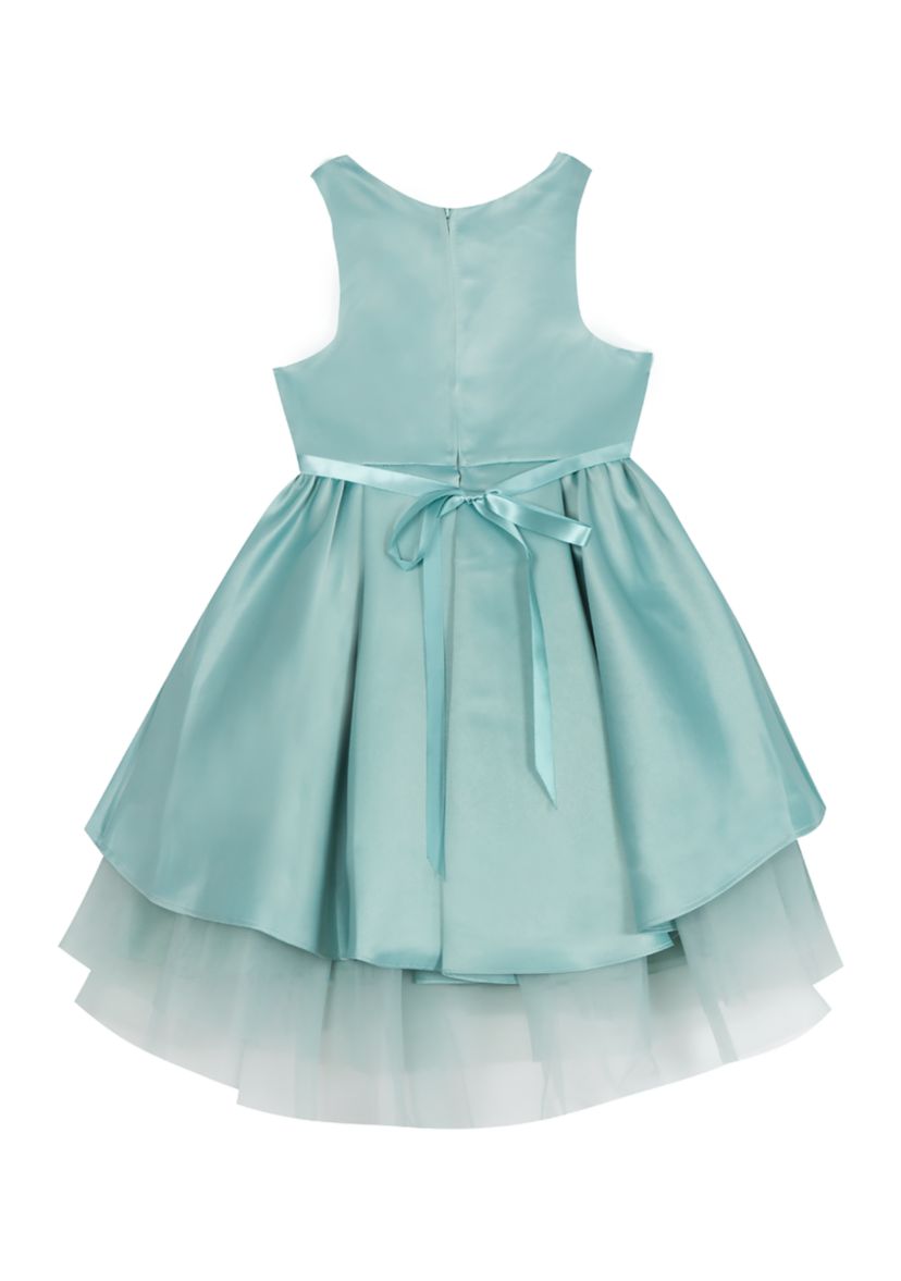 Girls 4-6x Satin Dress with High Low Tiered Ruffle Mesh Skirt