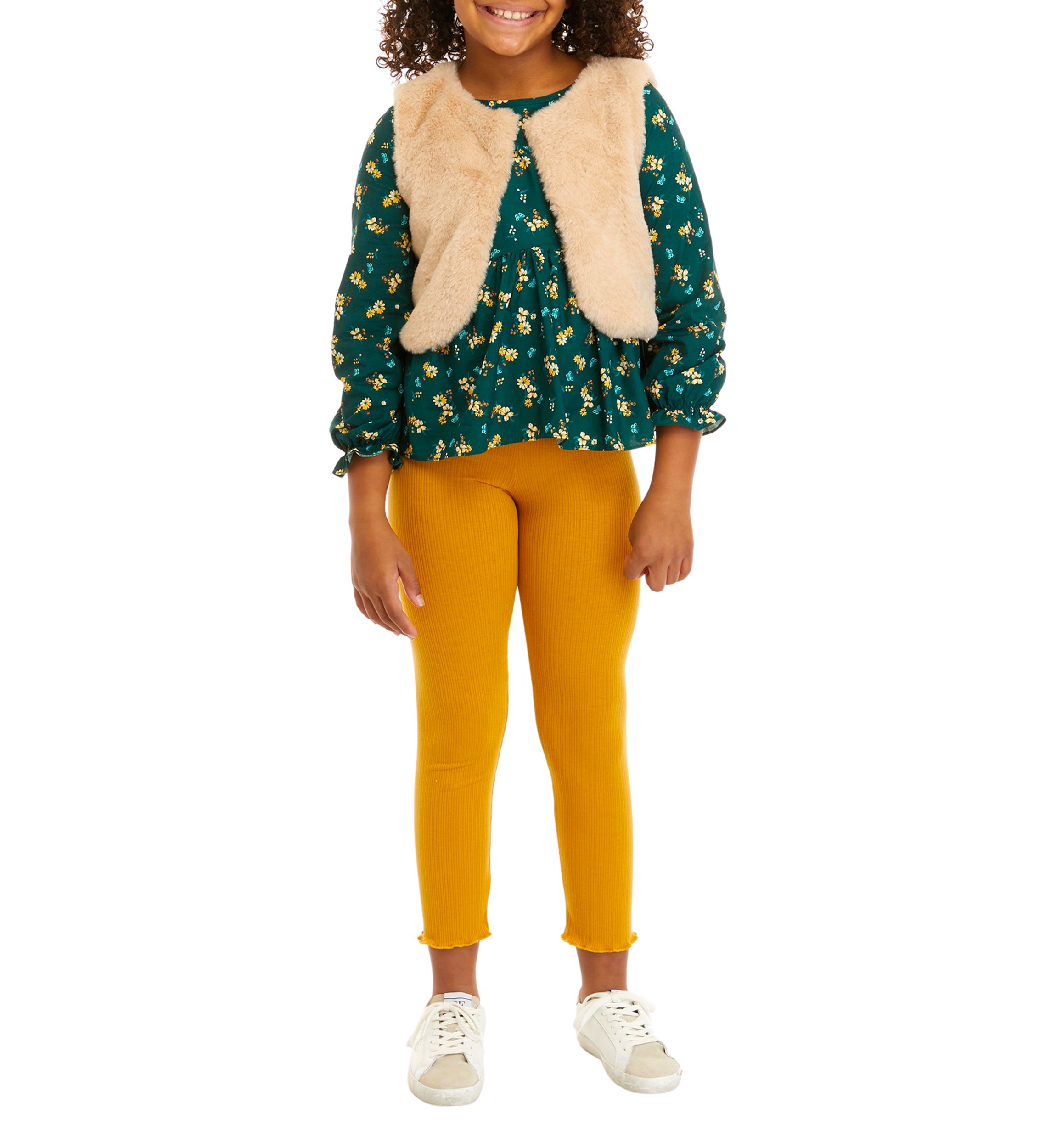 Girls 7-16 Printed Clip Dot Cotton Woven Long Sleeve Top to Rib Knit Legging and Fur Vest Set