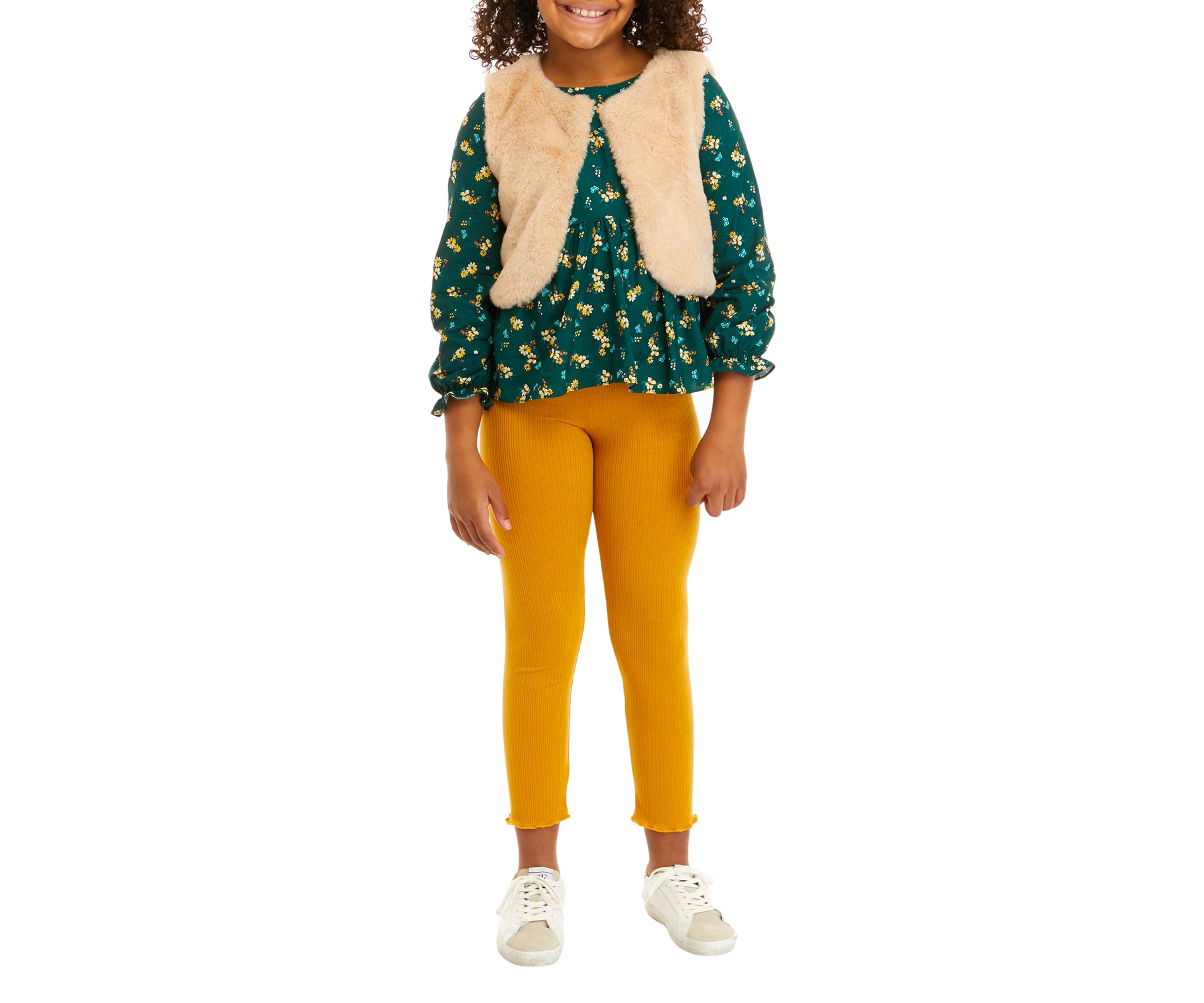 Girls 7-16 Printed Clip Dot Cotton Woven Long Sleeve Top to Rib Knit Legging and Fur Vest Set