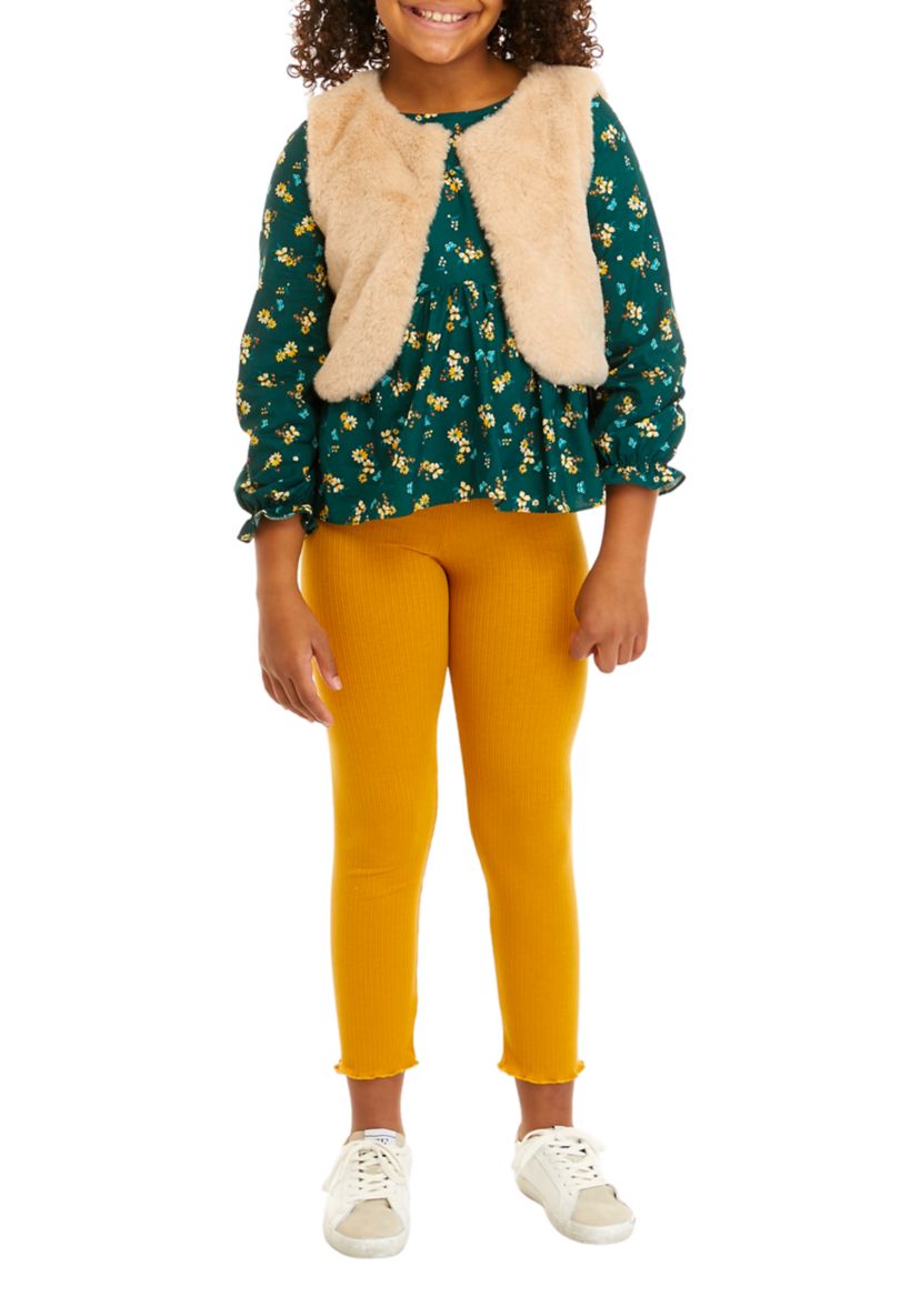 Girls 7-16 Printed Clip Dot Cotton Woven Long Sleeve Top to Rib Knit Legging and Fur Vest Set