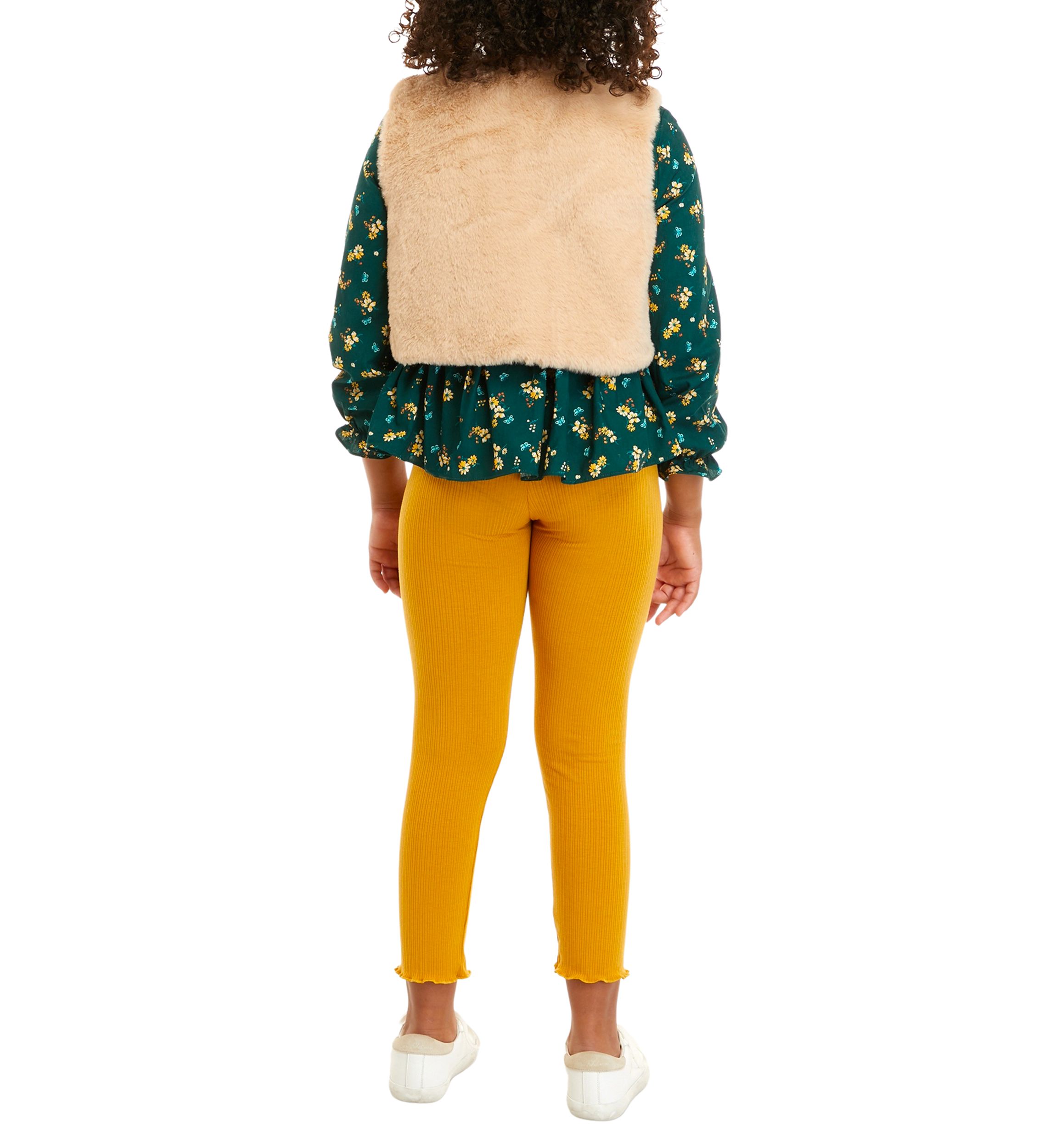 Girls 7-16 Printed Clip Dot Cotton Woven Long Sleeve Top to Rib Knit Legging and Fur Vest Set