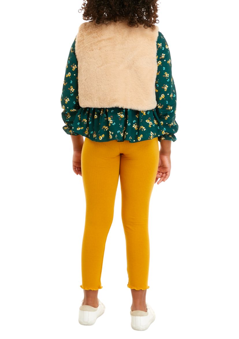Girls 7-16 Printed Clip Dot Cotton Woven Long Sleeve Top to Rib Knit Legging and Fur Vest Set