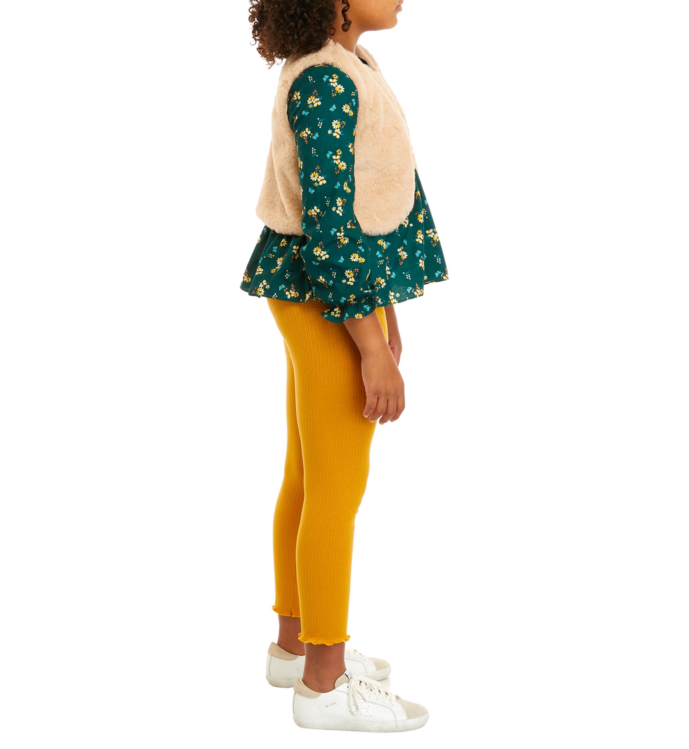 Girls 7-16 Printed Clip Dot Cotton Woven Long Sleeve Top to Rib Knit Legging and Fur Vest Set