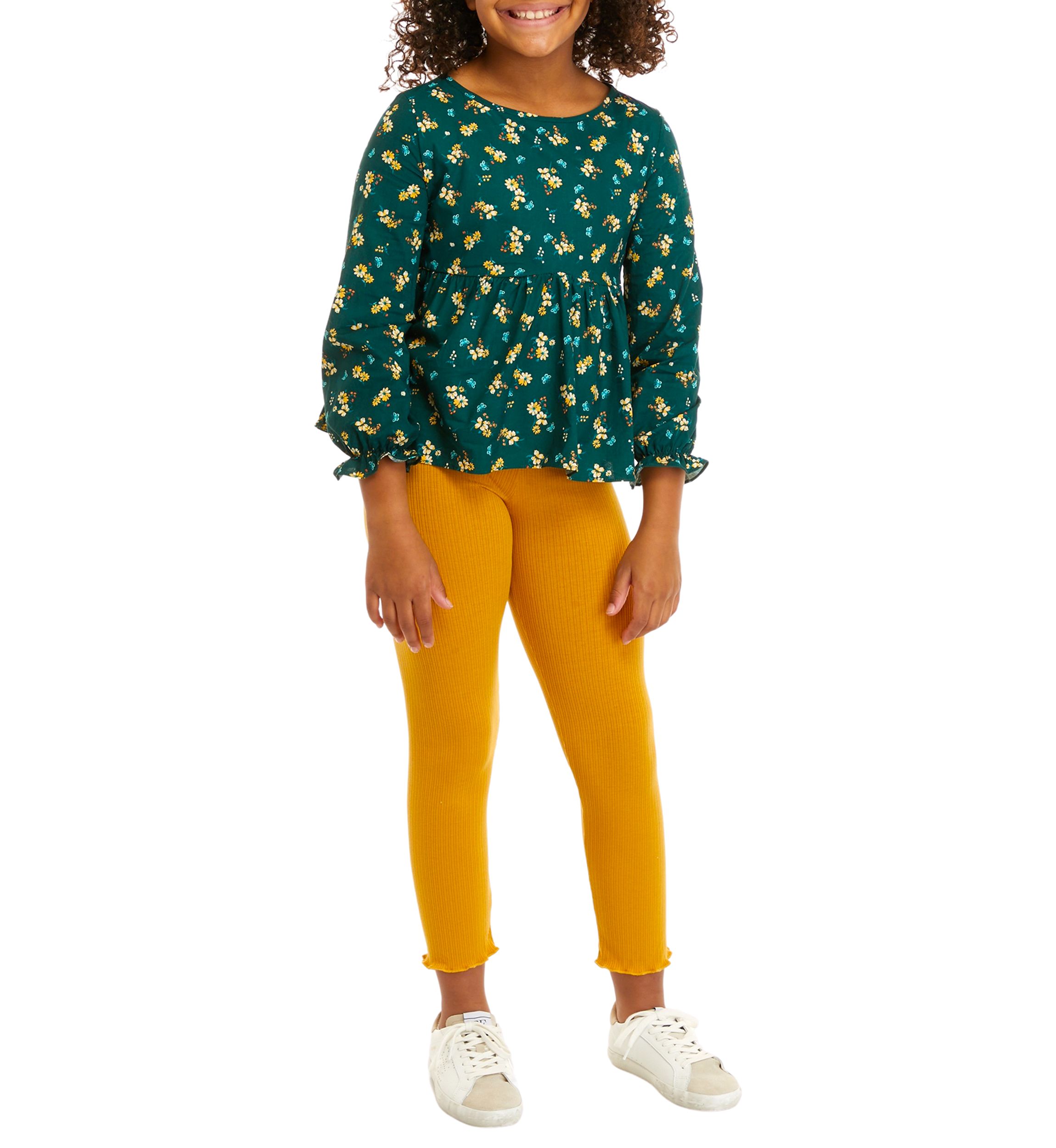 Girls 7-16 Printed Clip Dot Cotton Woven Long Sleeve Top to Rib Knit Legging and Fur Vest Set