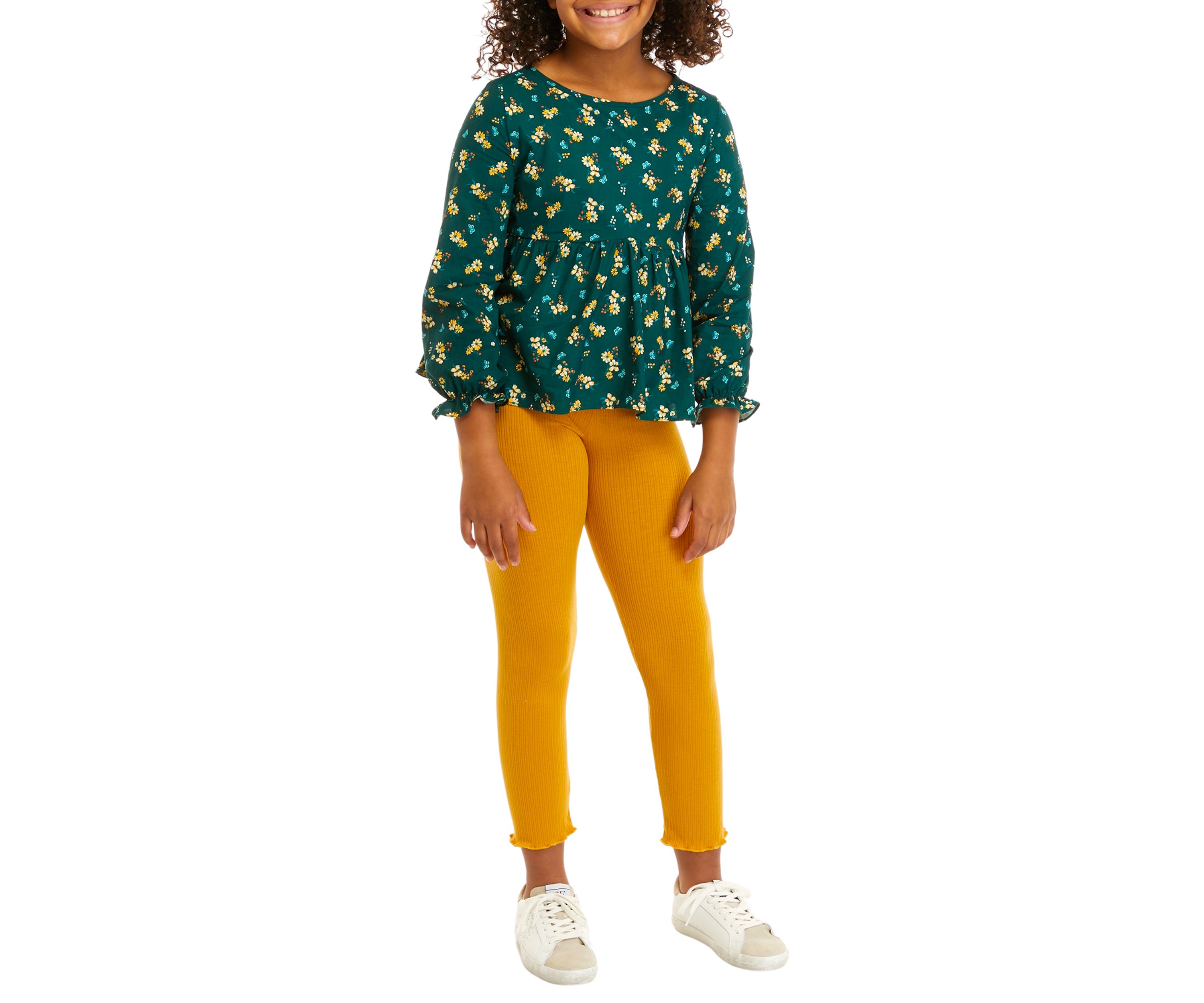 Girls 7-16 Printed Clip Dot Cotton Woven Long Sleeve Top to Rib Knit Legging and Fur Vest Set