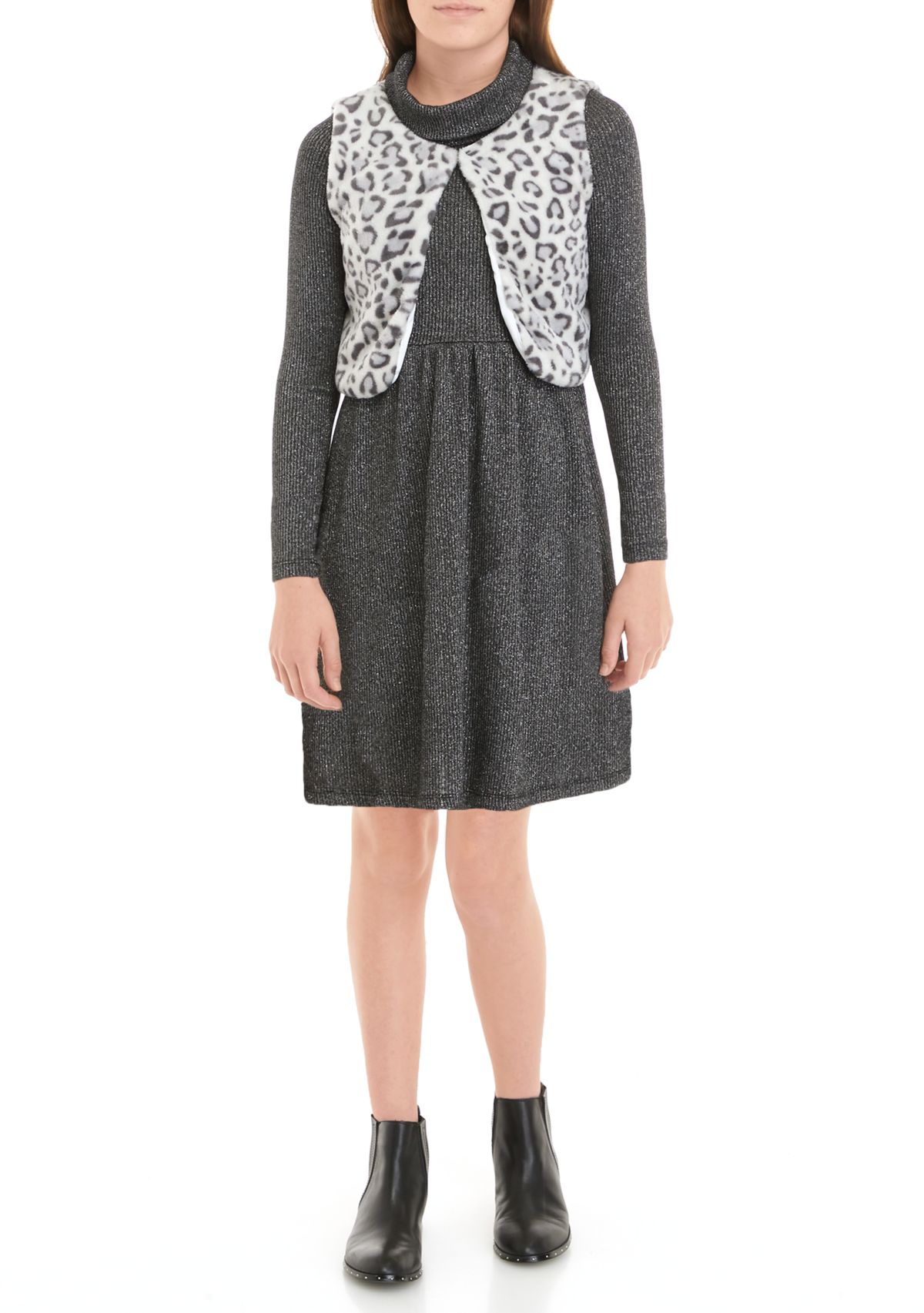 Girls 7-16 Knit Cowl Neck Dress with Animal Print Fur Vest Set