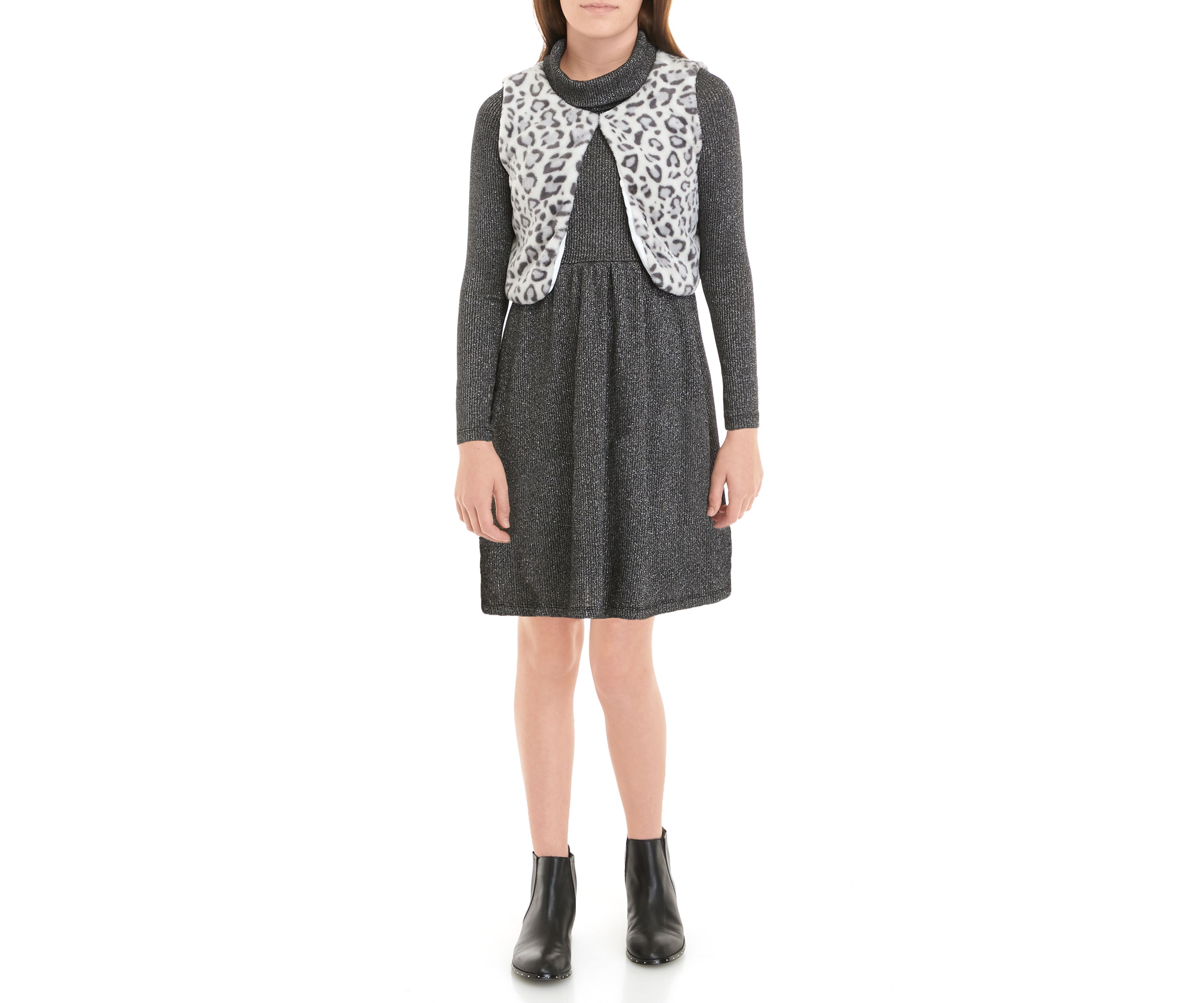 Girls 7-16 Knit Cowl Neck Dress with Animal Print Fur Vest Set