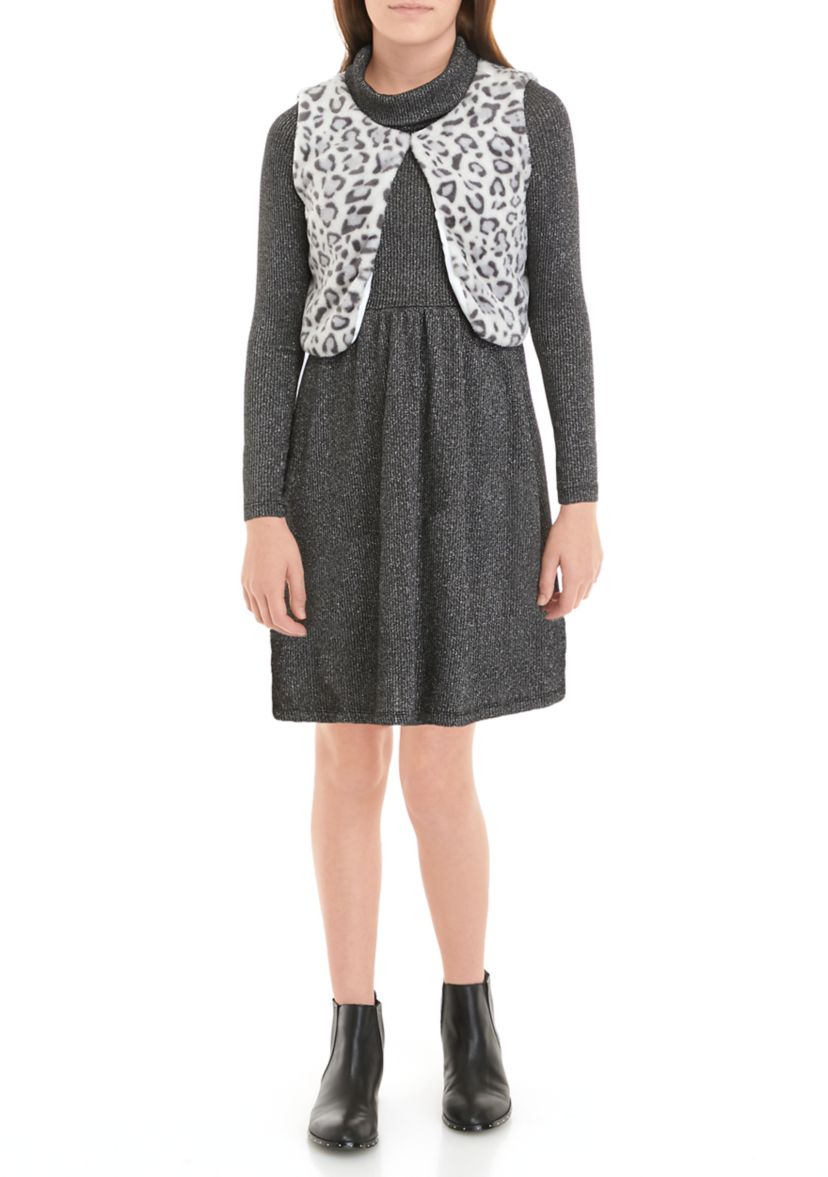 Girls 7-16 Knit Cowl Neck Dress with Animal Print Fur Vest Set