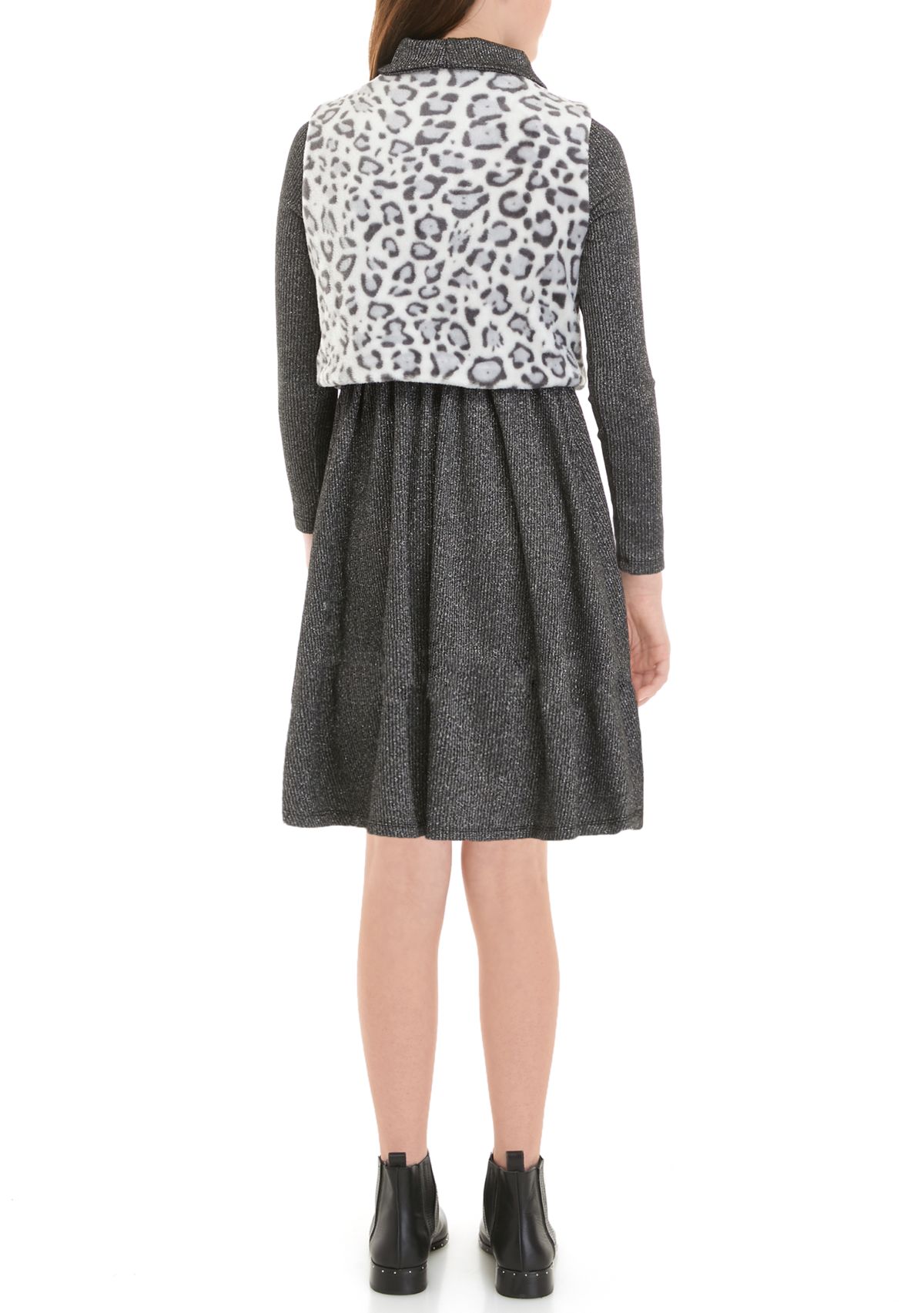 Girls 7-16 Knit Cowl Neck Dress with Animal Print Fur Vest Set
