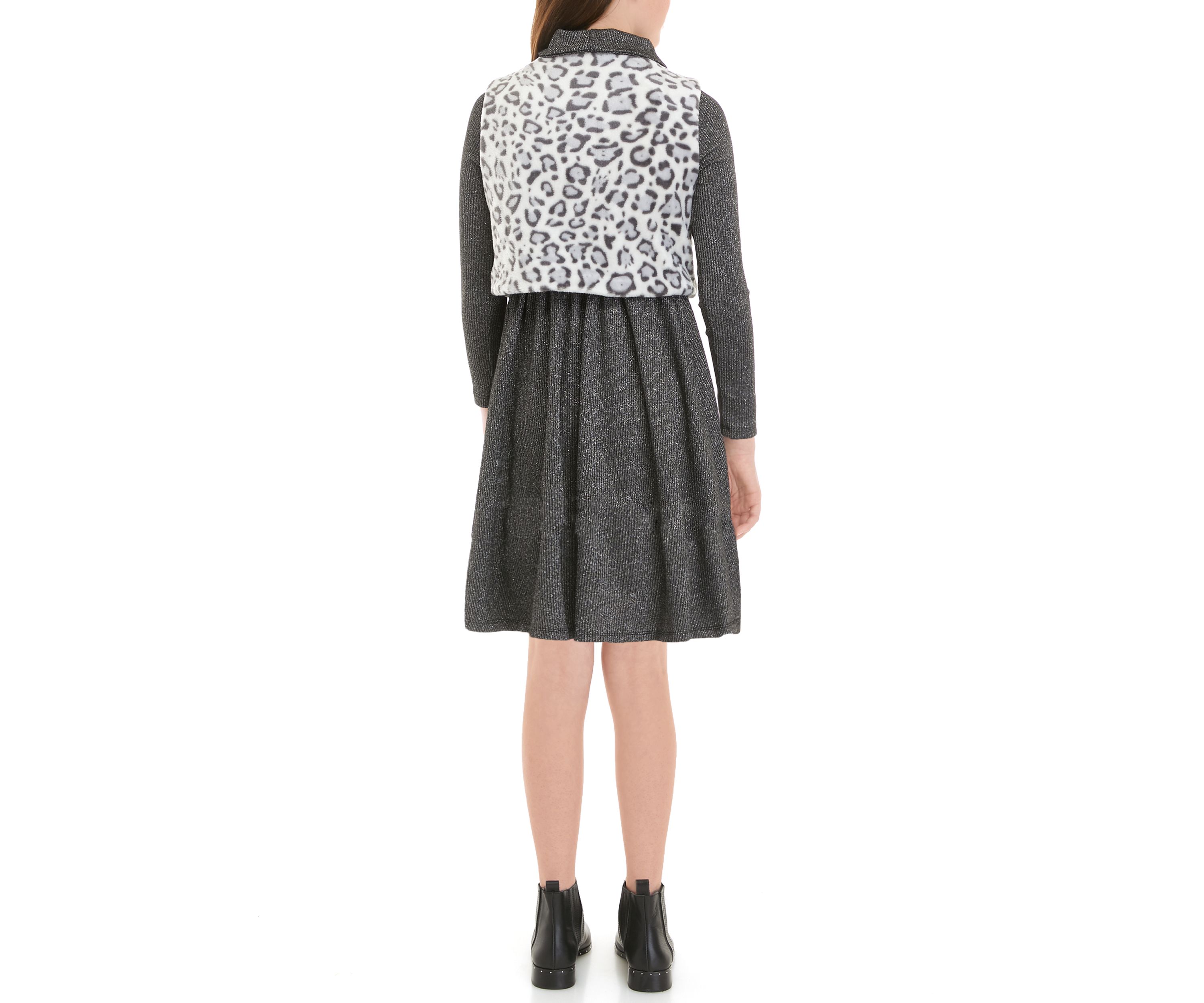 Girls 7-16 Knit Cowl Neck Dress with Animal Print Fur Vest Set
